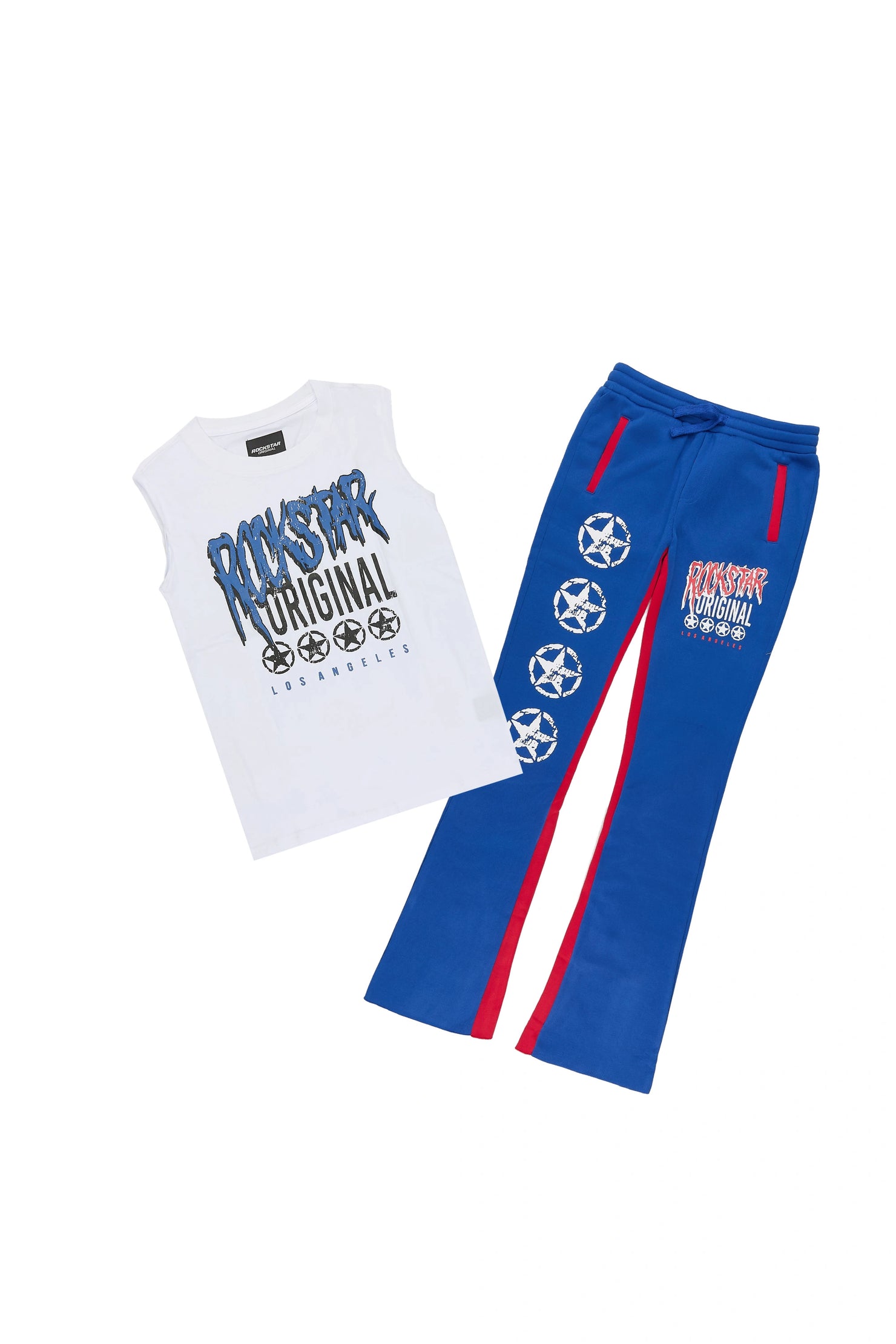 Boys Wizzurd White/Royal Cut Off T-Shirt Stacked Pant Set