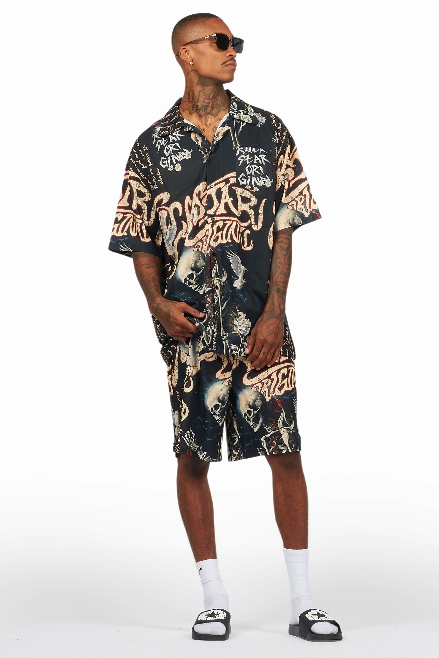 Clout Black Button Down Short Set