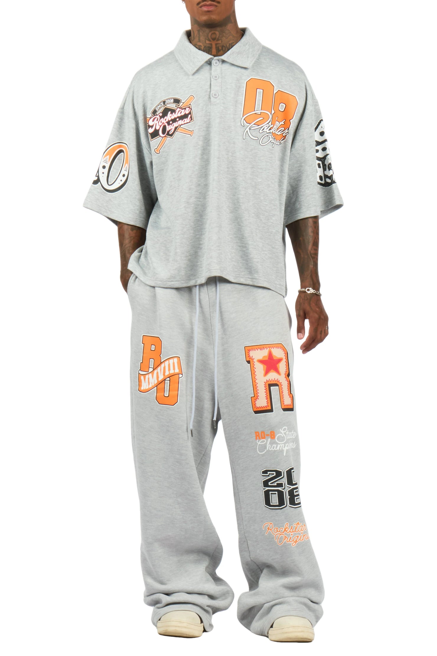 Forbidden Heather Grey Crop Boxy Polo/Fleece Baggy Track Set