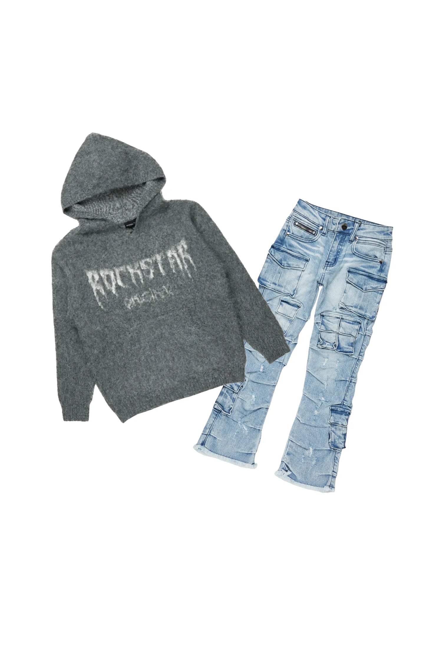 Boys Andros Grey/Light Blue Mohair Hoodie/Stacked Flare Jean Set