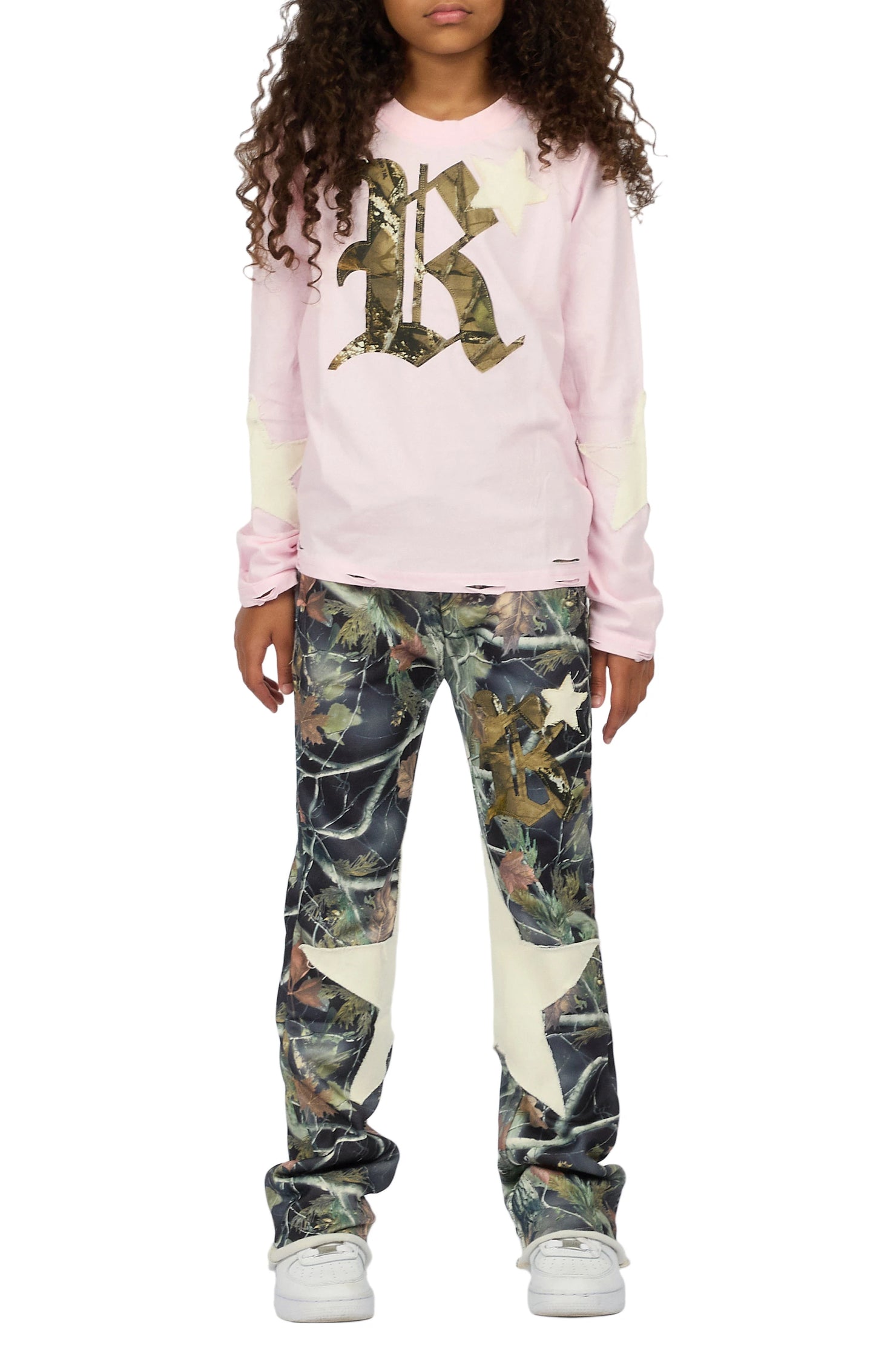 Girls Delgera Pink/Camo Long Sleeve T-Shirt Track Set