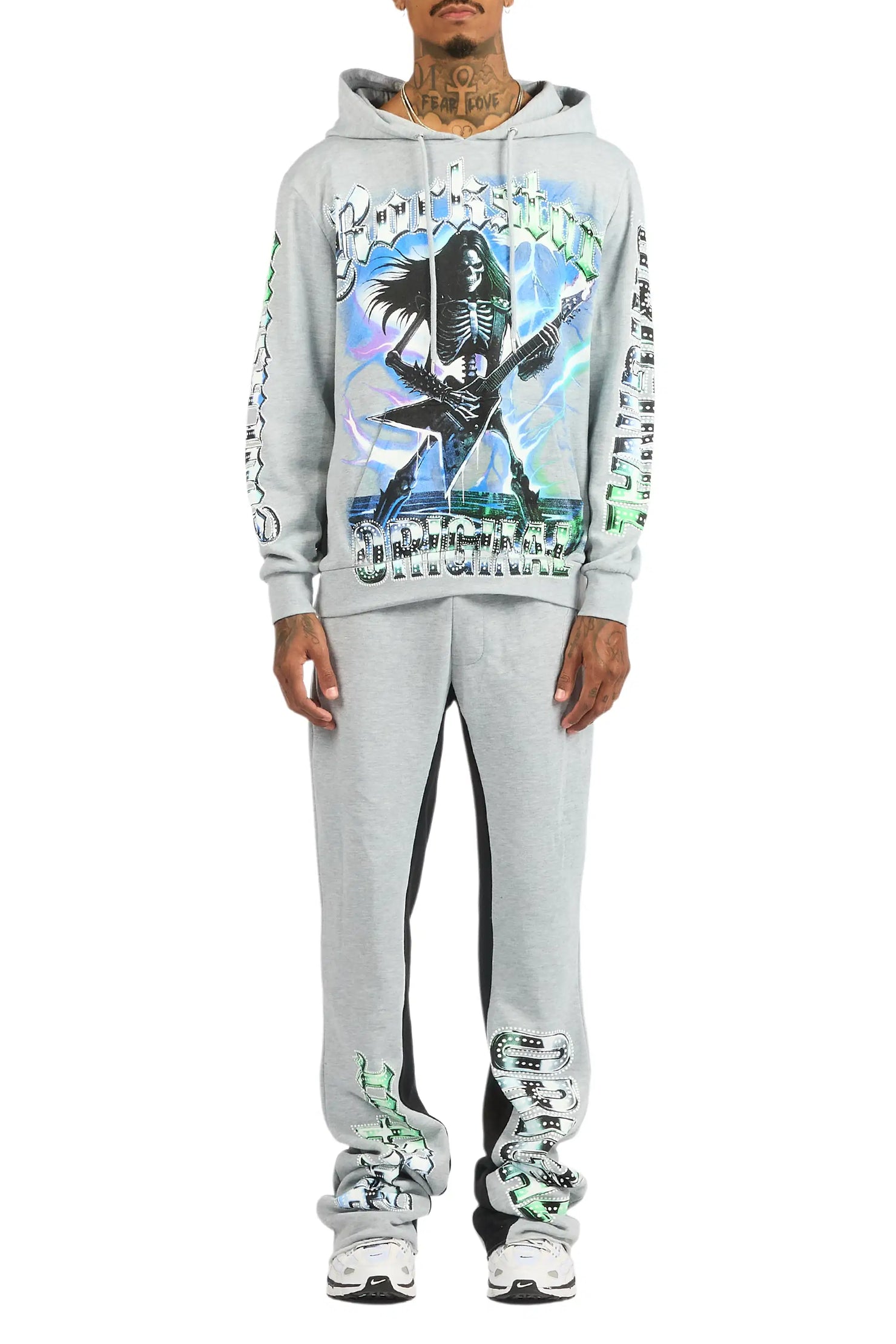 Wekken Heather Grey/Blue Hoodie/Baggy Stacked Track Pant Set