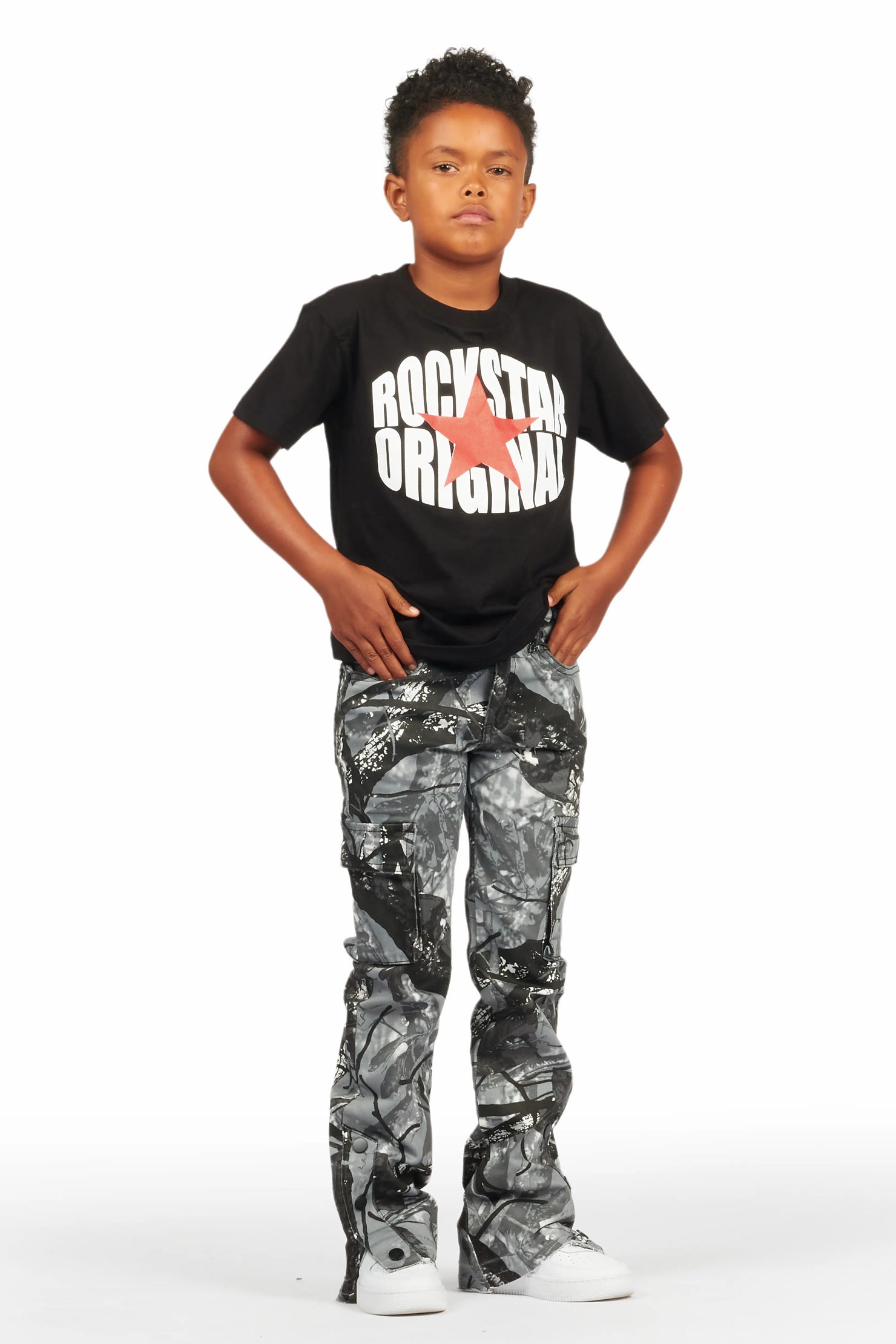 Boys Waage Grey Camo Stacked Flare Cargo Jean