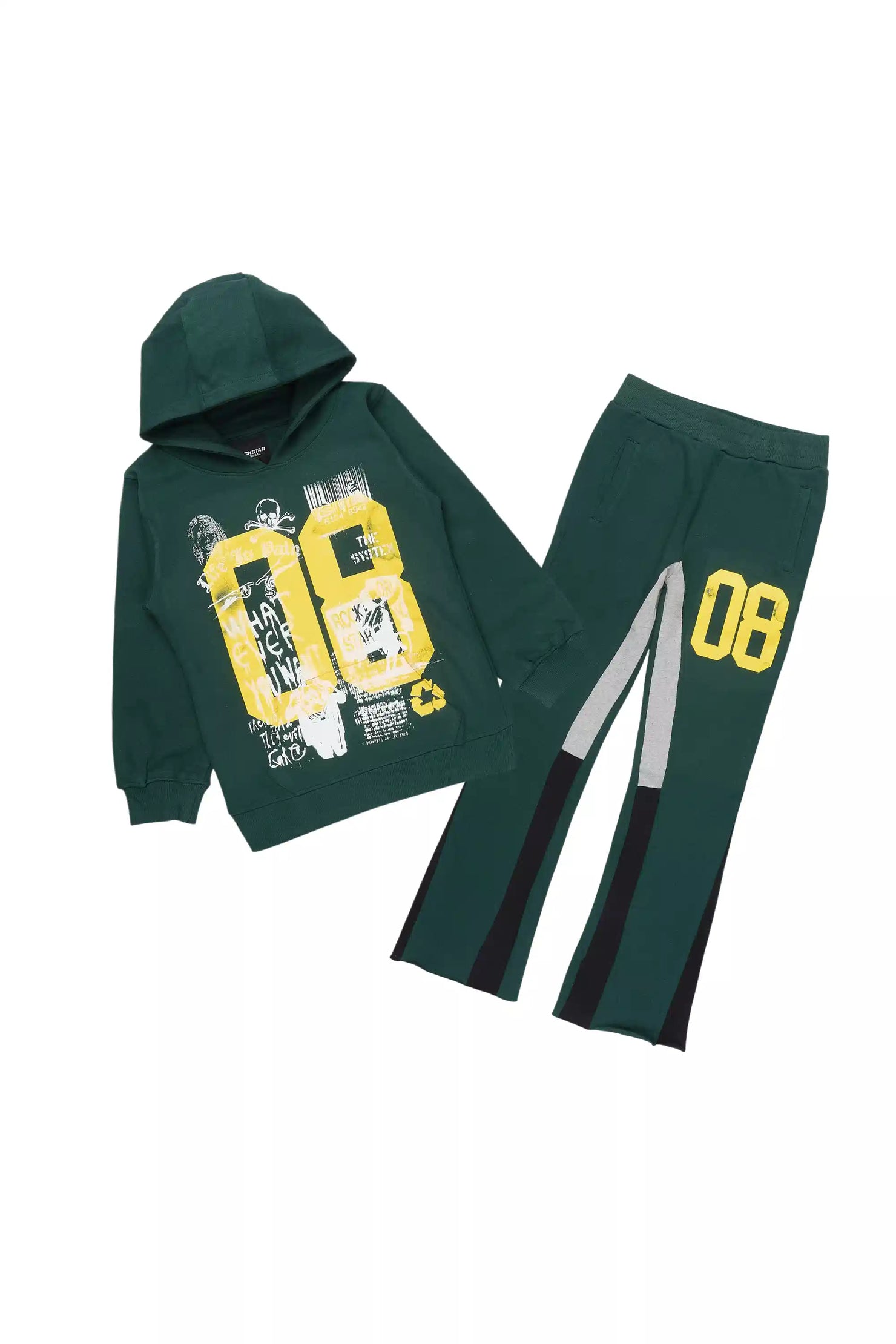 Boys Beau Green/Yellow Hoodie Stacked Flare Track Set