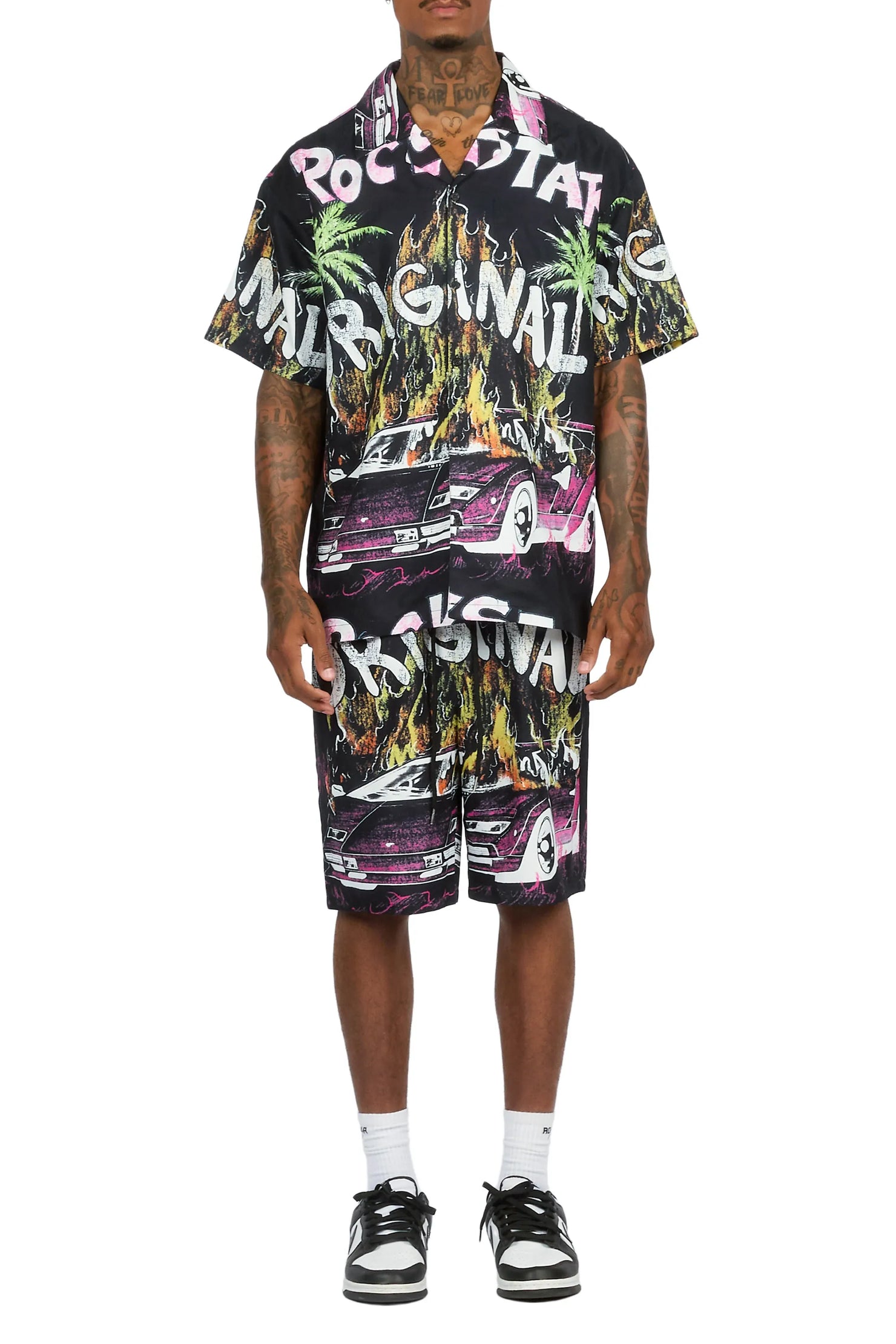 Axrian Black Button Down T-Shirt/Short Set
