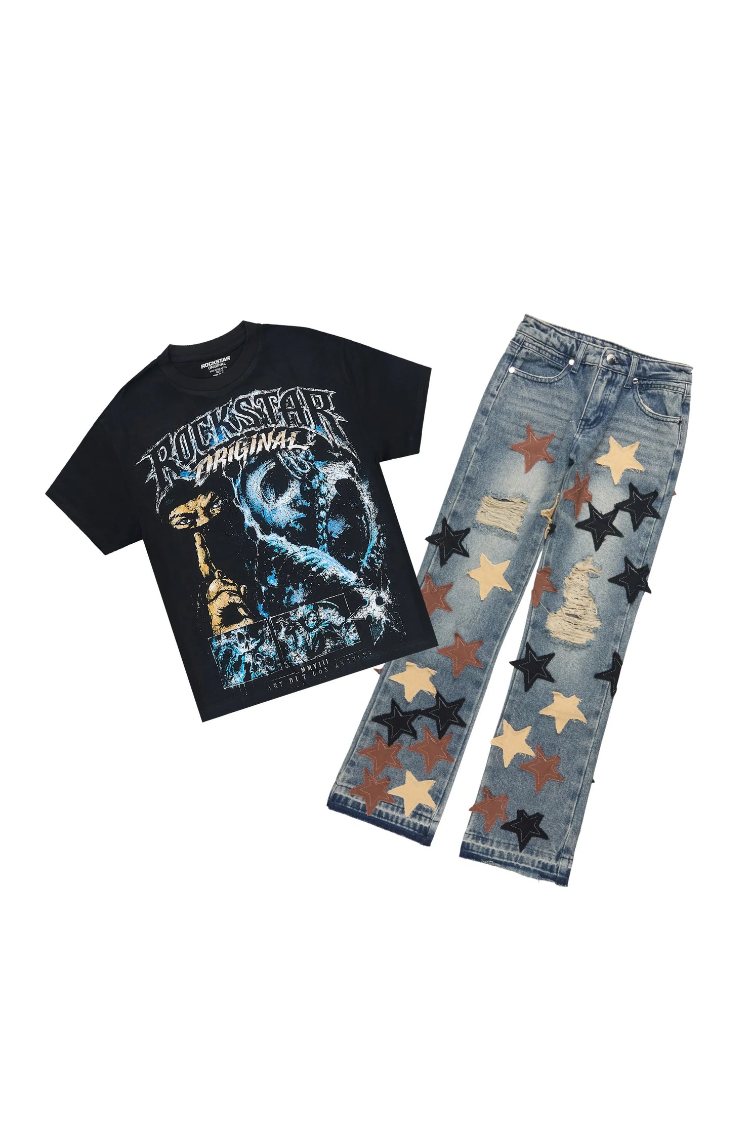 Boys Kordell Black/Tint T-Shirt Stacked Patch Jean Set