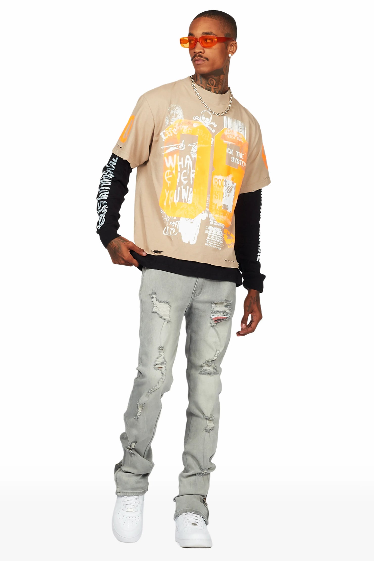 Ezio Light Grey Stacked Flare Jean