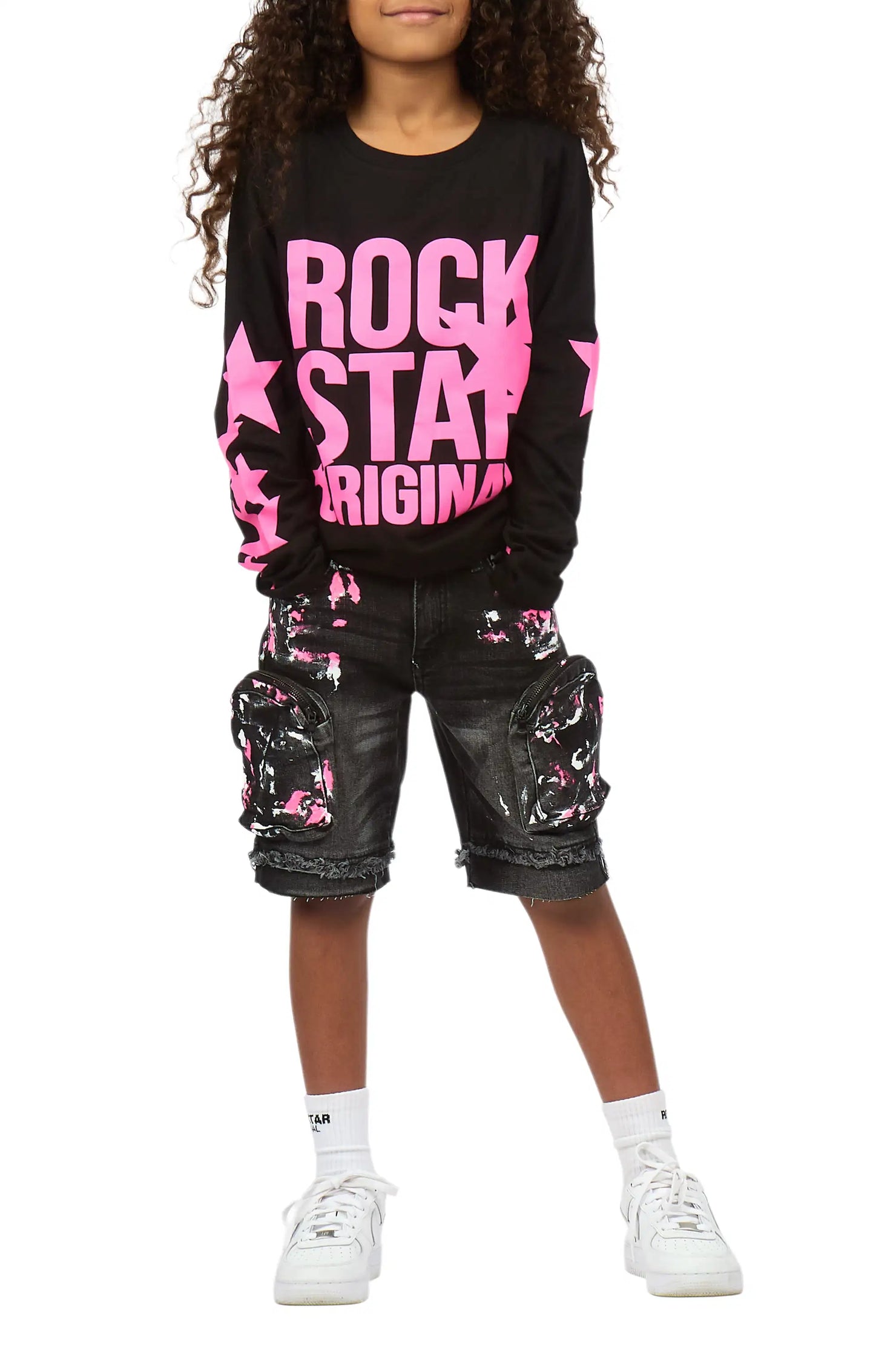 Girls Sechora Black/Dark Grey Long Sleeve T-Shirt Denim Short Set