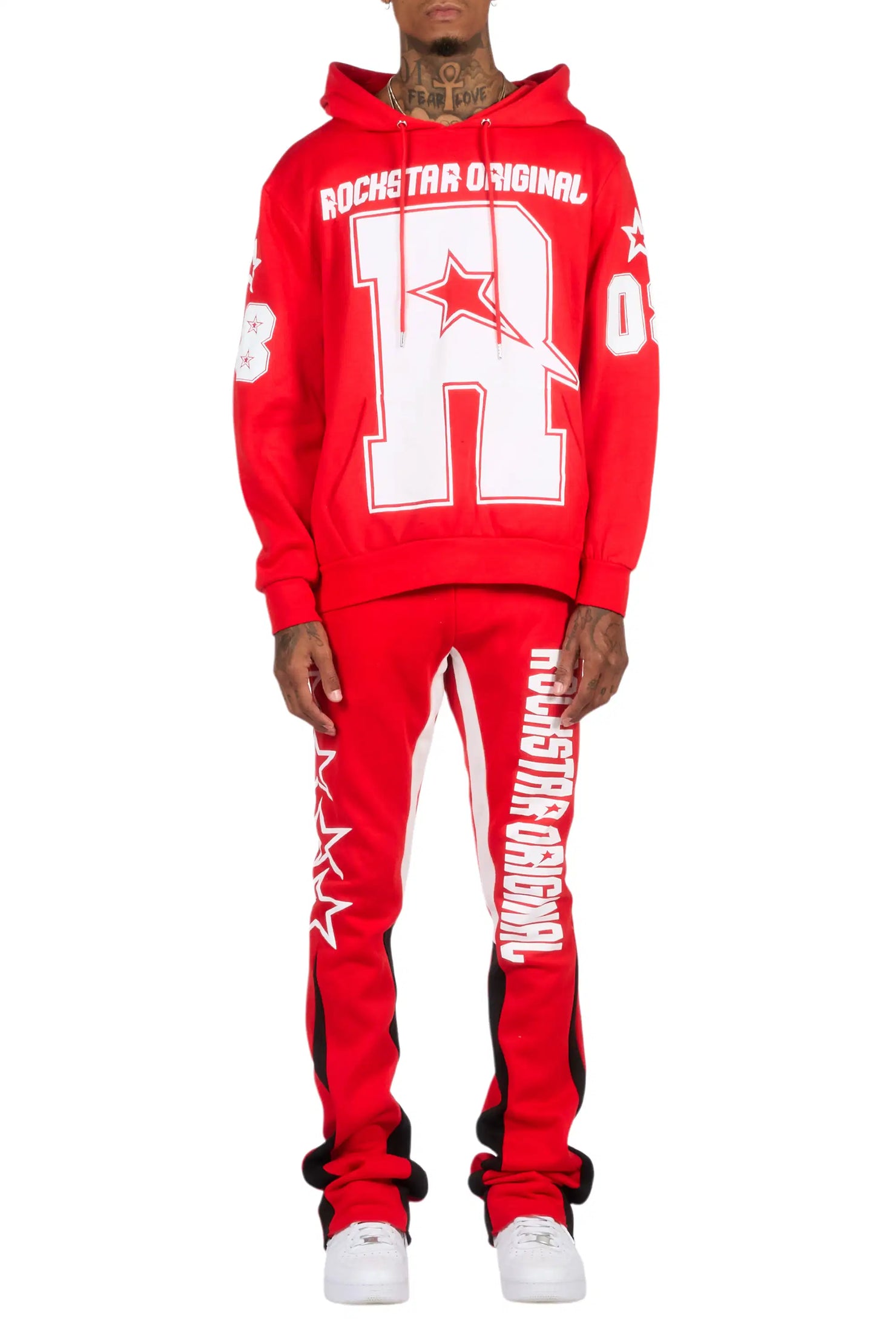 Skender Red/White Hoodie/Stacked Flare Track Set