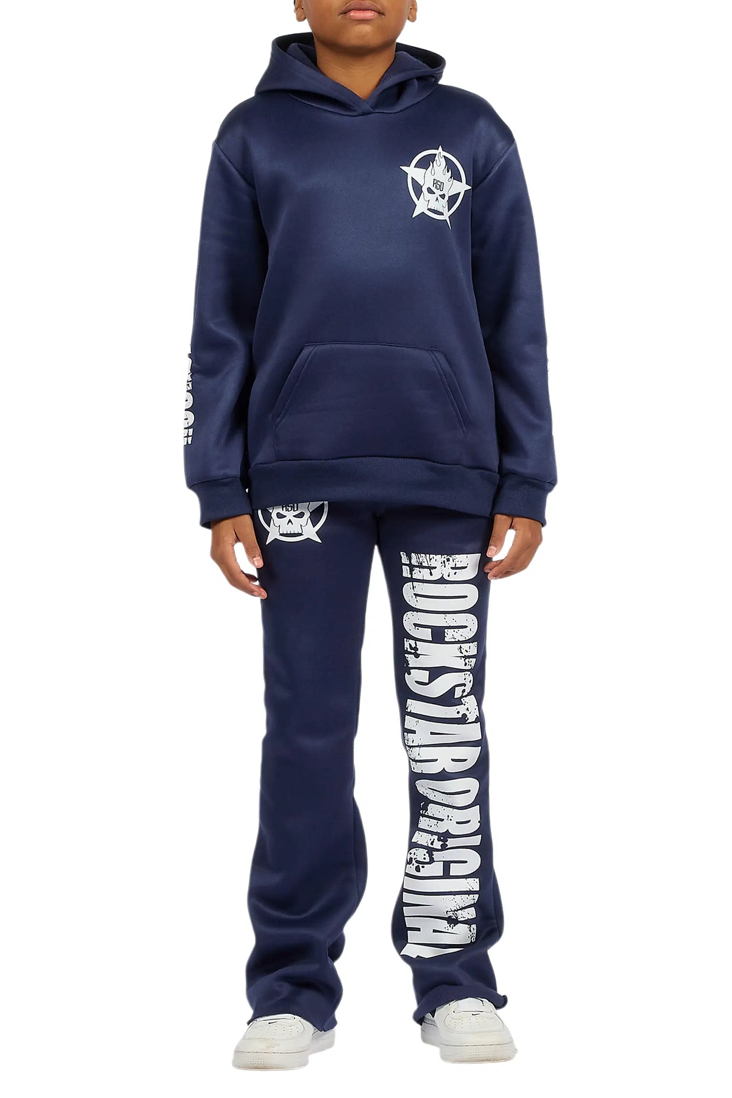 Boys Keve Navy Hoodie Stacked Track Pant Set