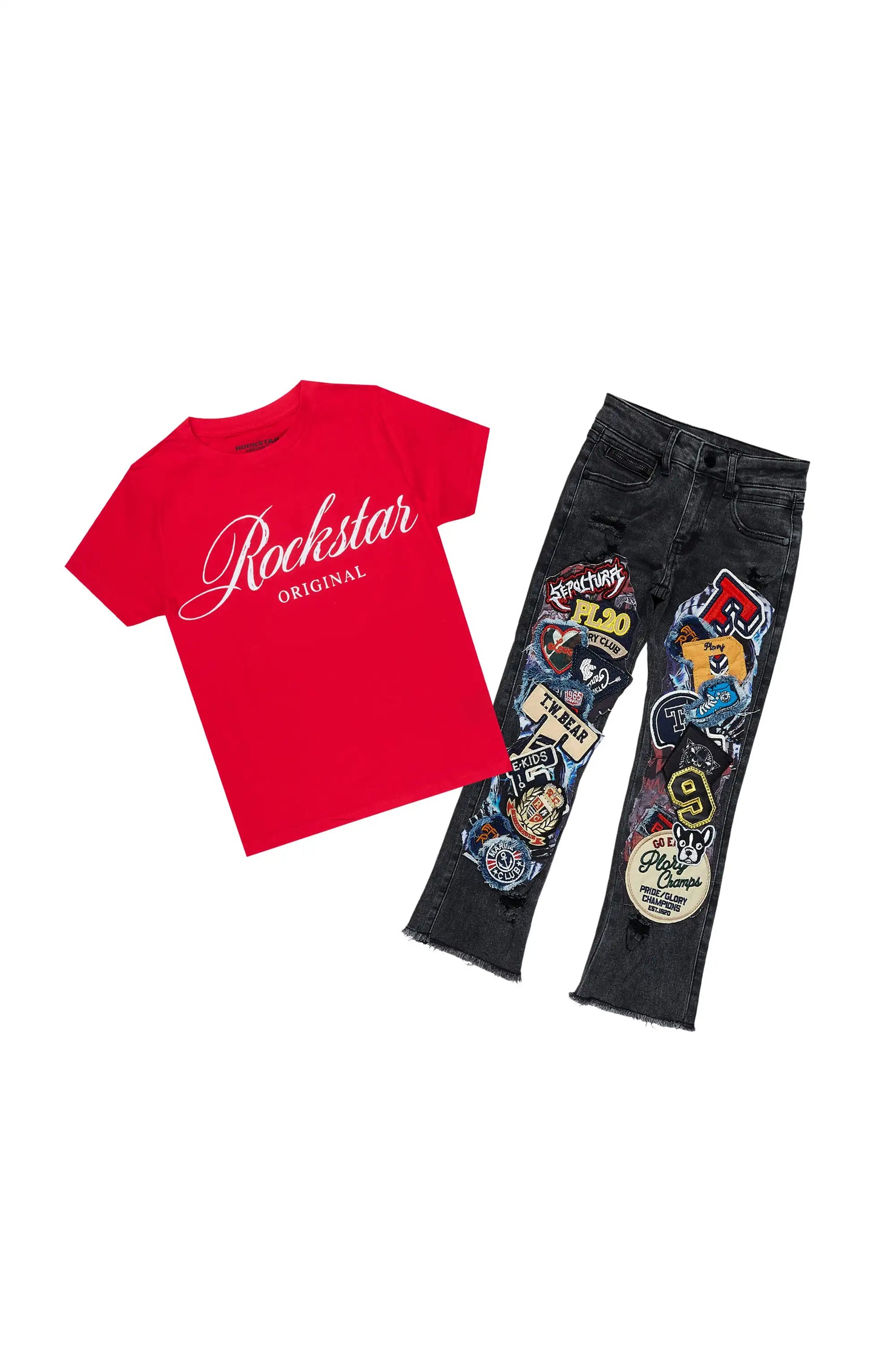 Boys Domaric Red/Black T-Shirt Stacked Jean Set
