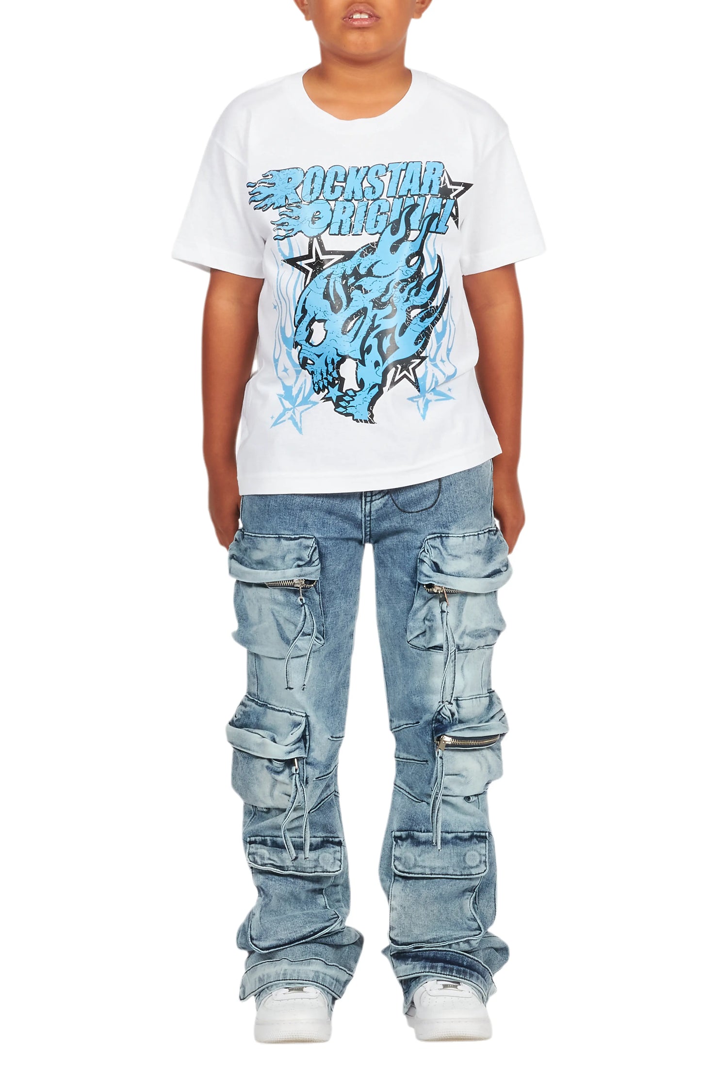 Boys Smitty White/Blue T-Shirt/Baggy Fit Jean Set