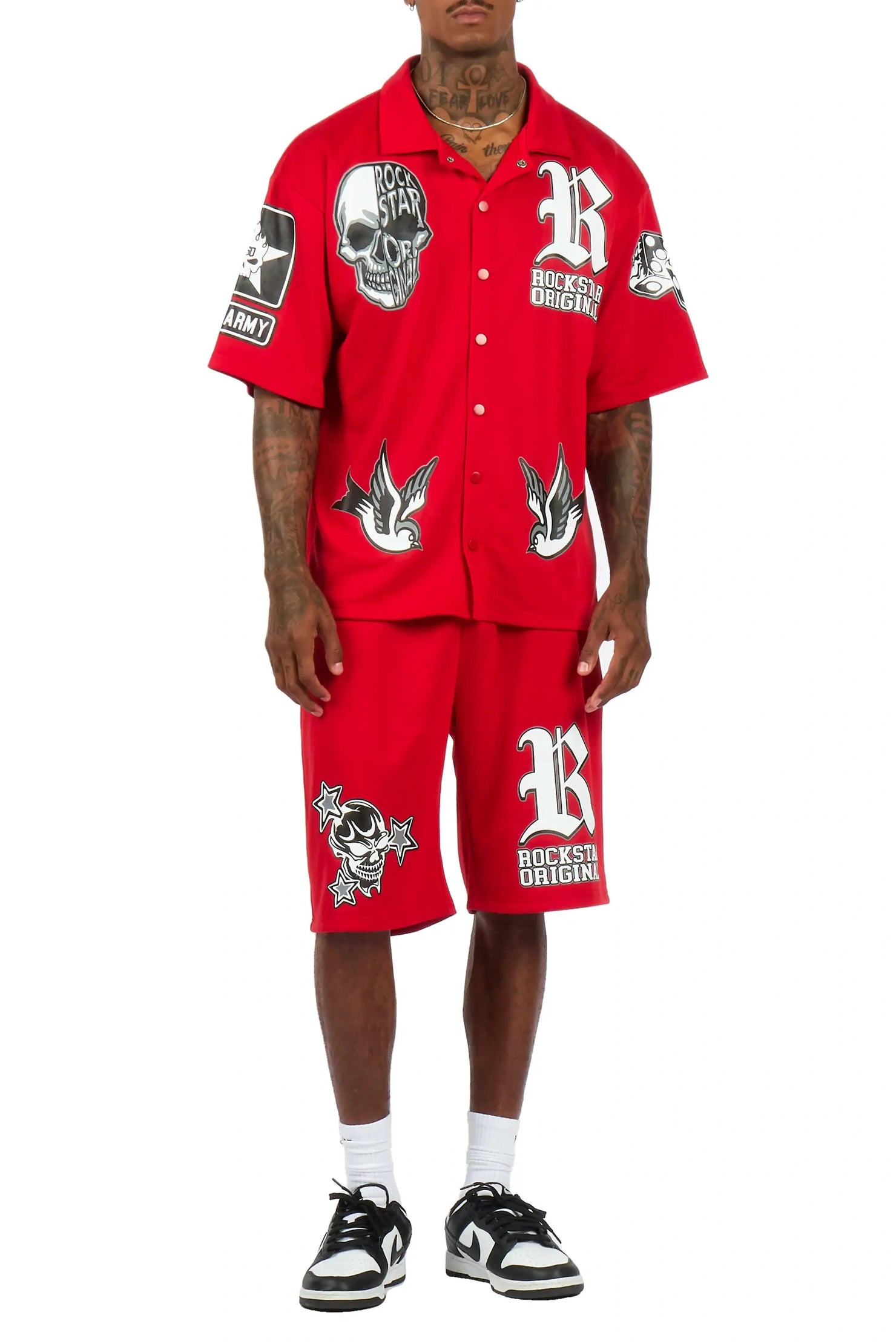 Vidar Red Button Down T-Shirt/Short Set