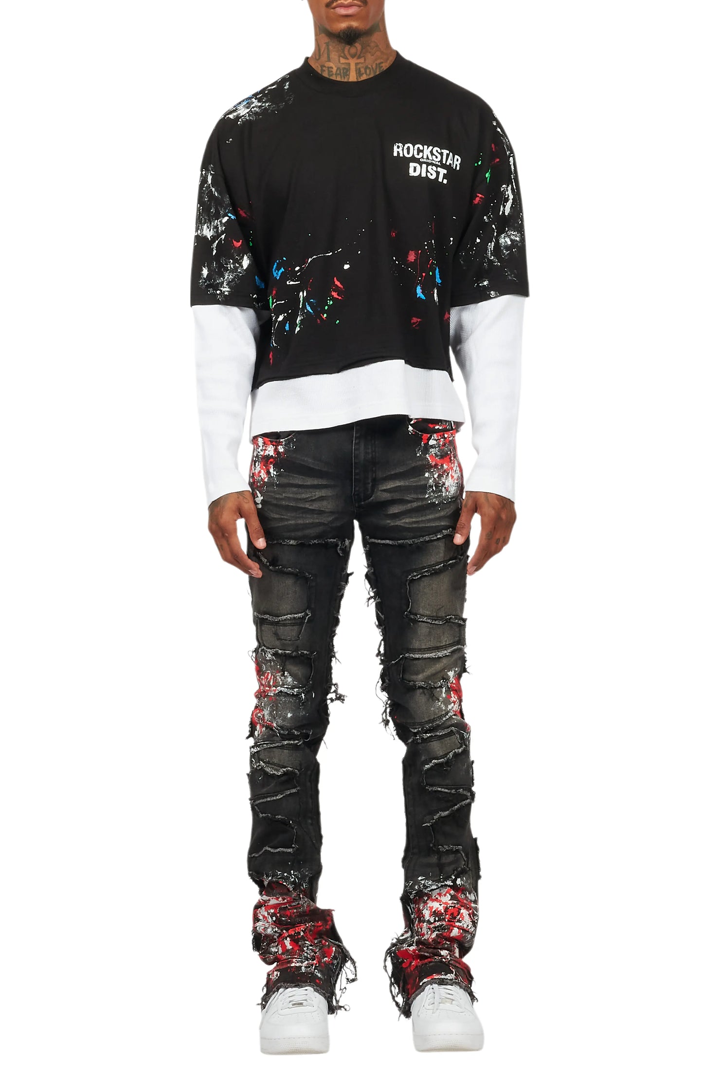 Kodak Grey/Red Painter Stacked Flare Fringe Jean