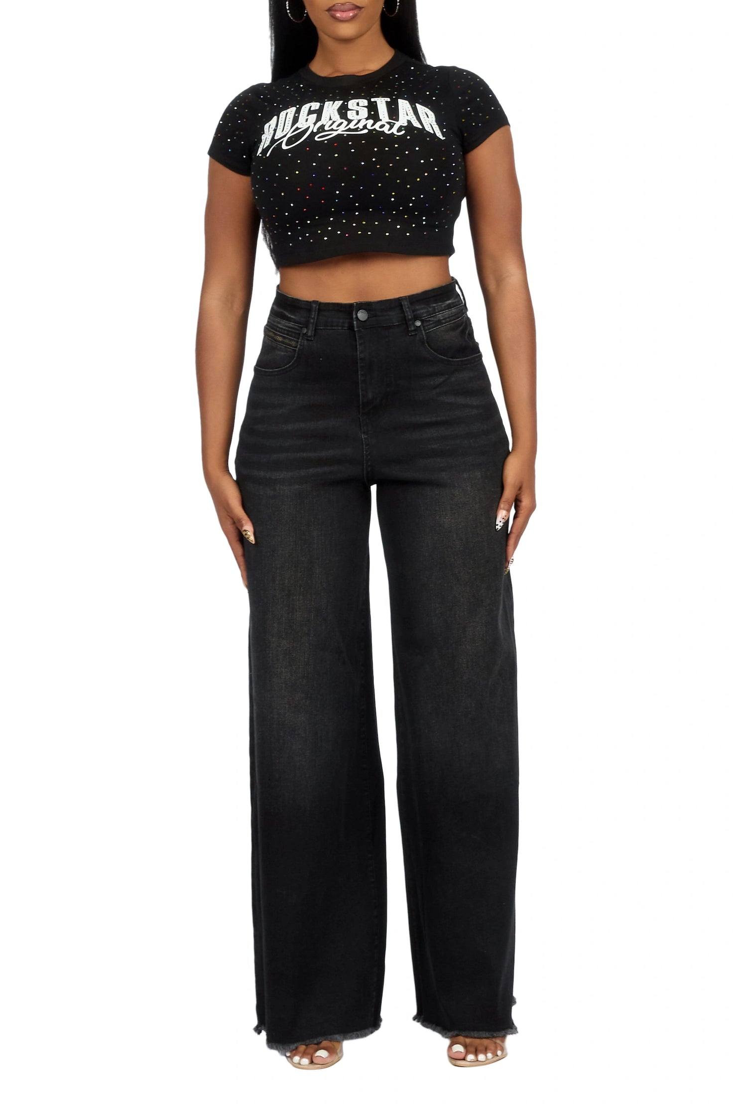 Cegaria Black High Rise Elastic Back Stretch Baggy Jean