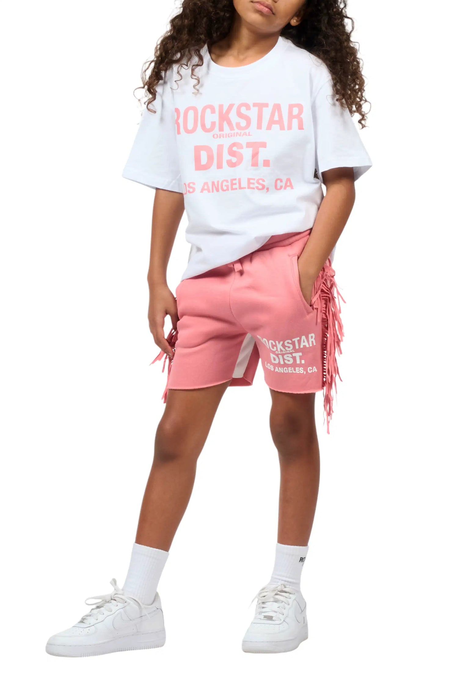 Girls Kendra White/Pink Graphic T-Shirt/Fringe Short Set
