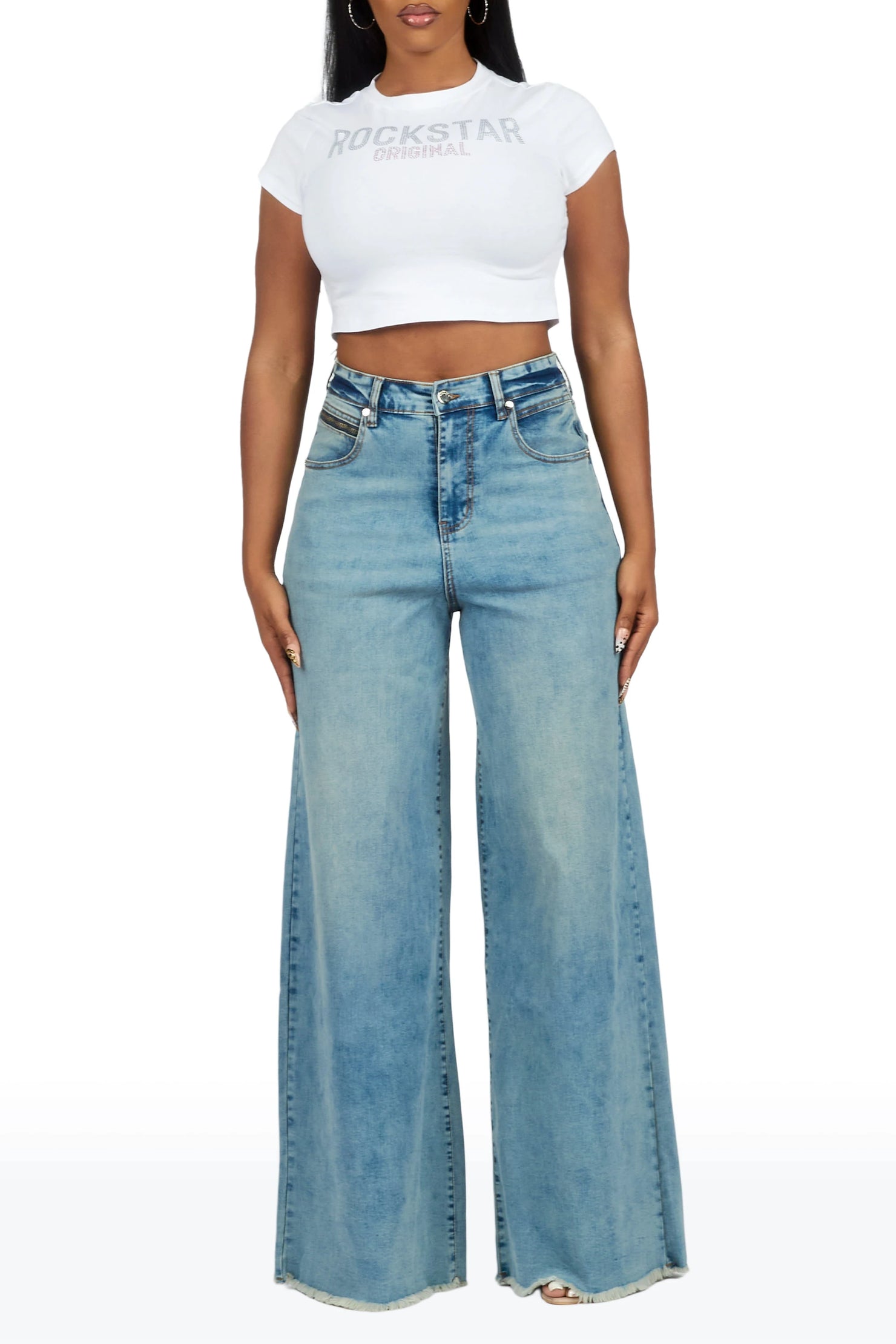Cegaria Light Wash High Rise Elastic Back Stretch Baggy Jean