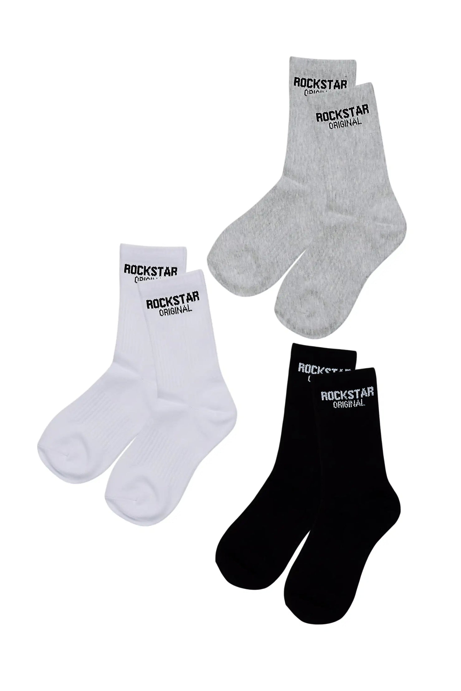 Rockstar Dist White/Black/Heather Grey Basic Socks 3 Pack