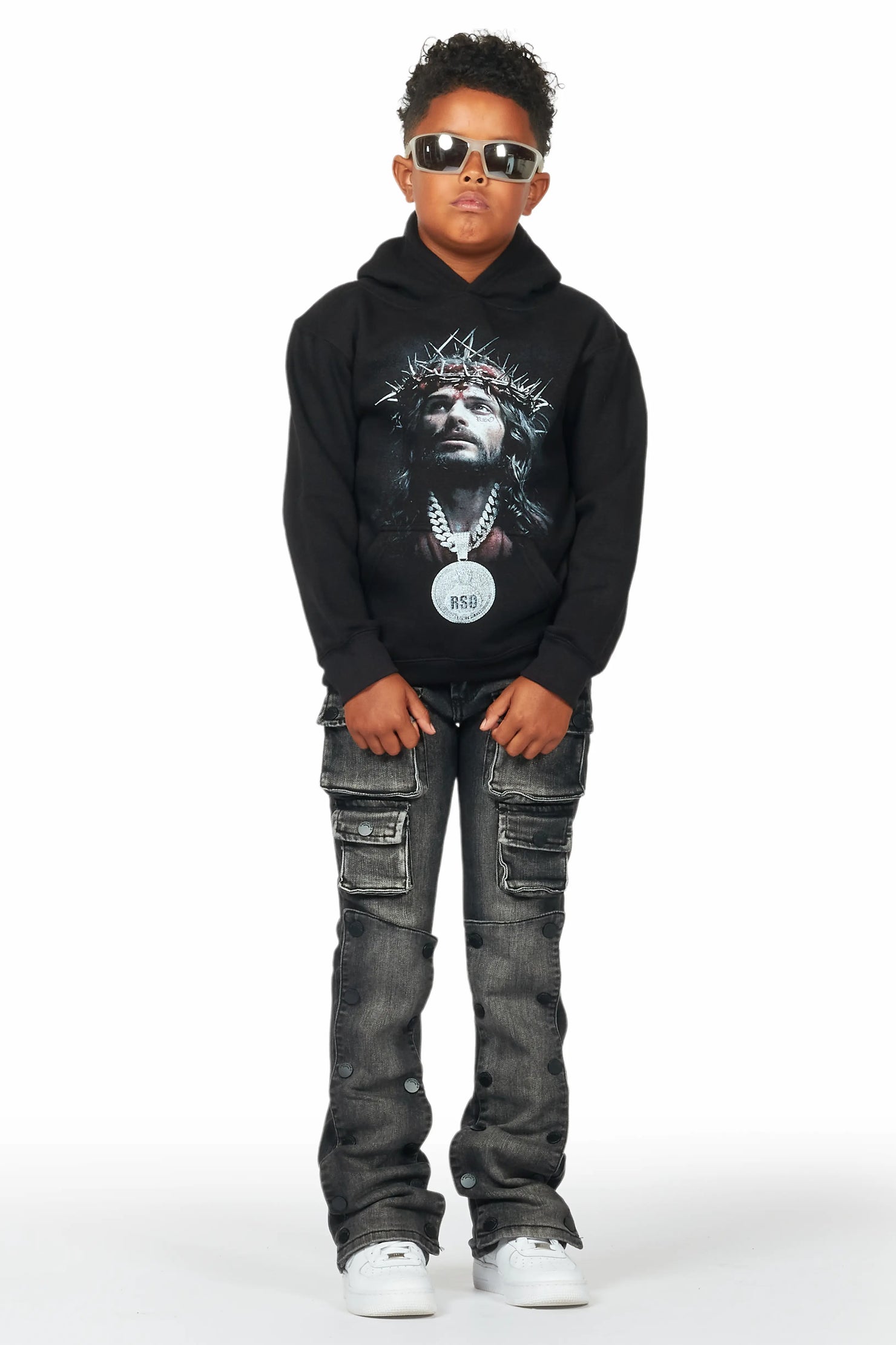 Boys Daman Black Hoodie/Stacked Flare Jean Set