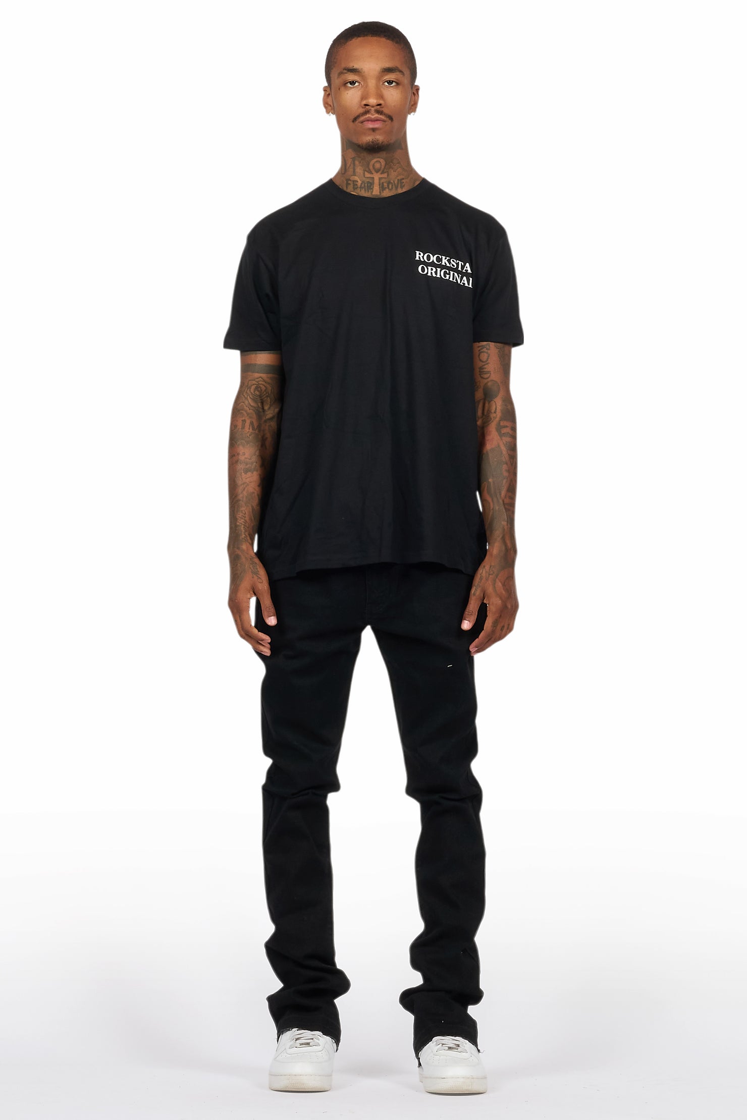 Drako Black/White Oversized Graphic T-Shirt/Dag Stacked Flare Jean Set