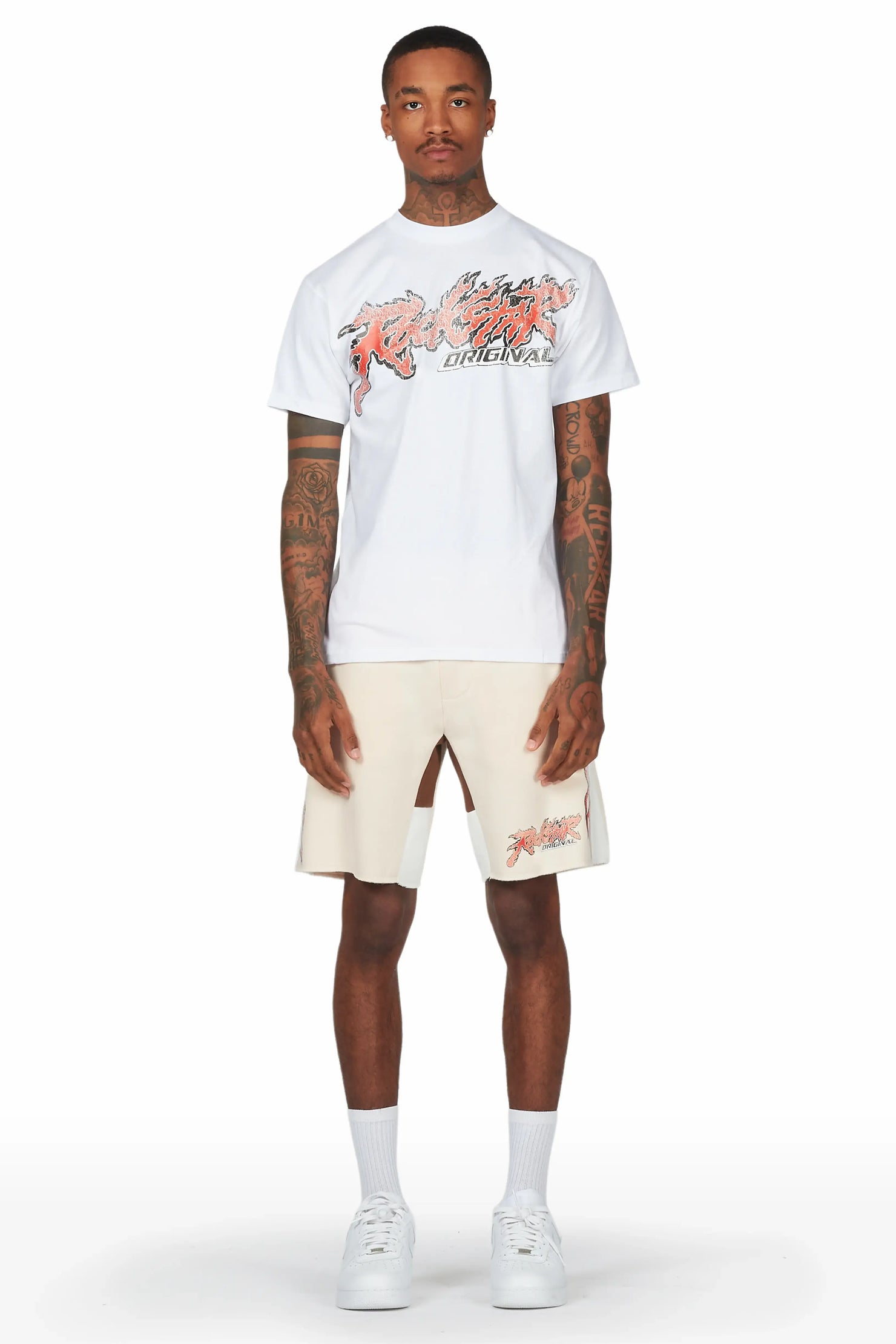 Yash White/Beige T-Shirt Short Set