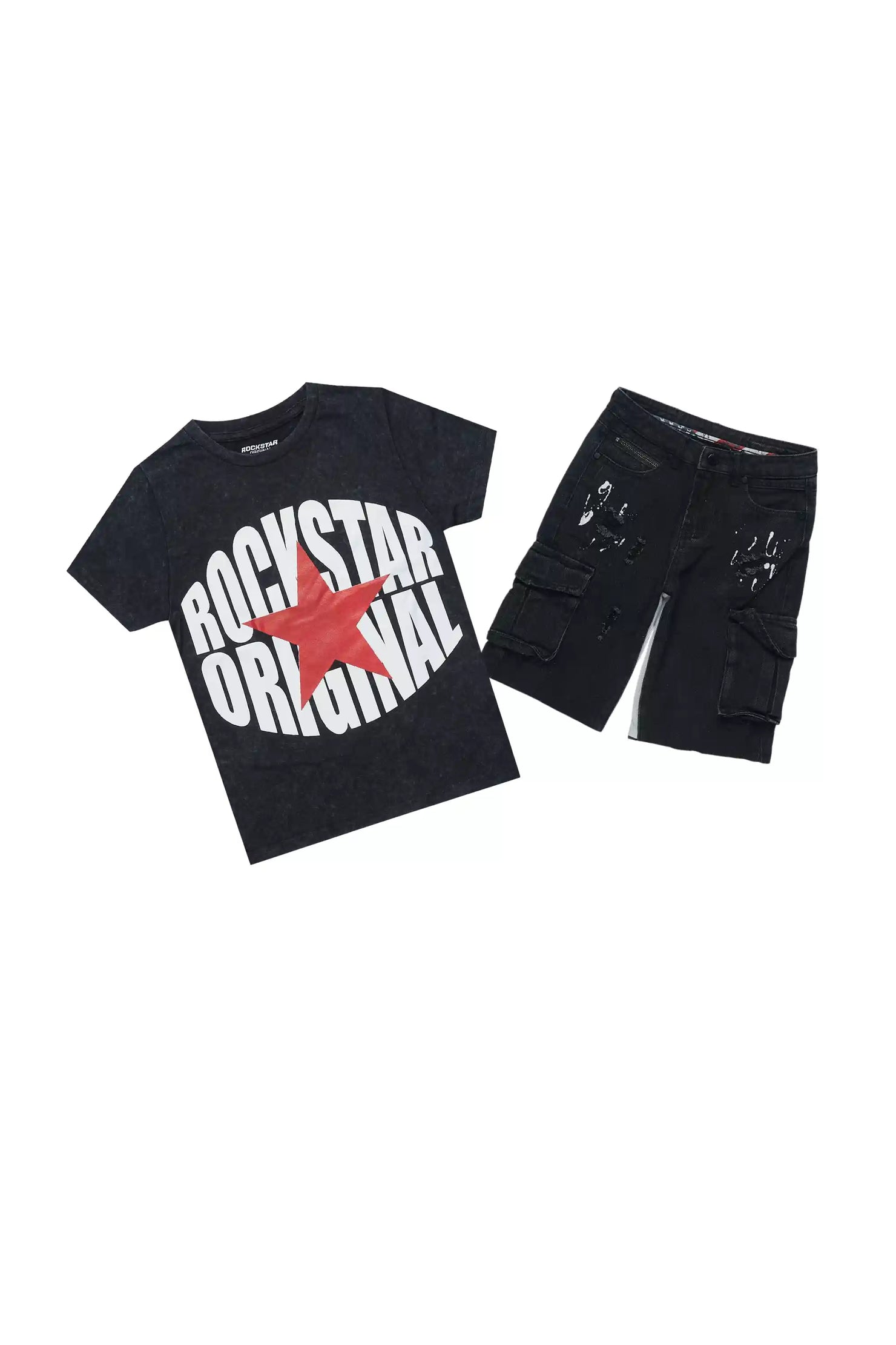 Boys Ezra Black/Red T-Shirt/Denim Short Set