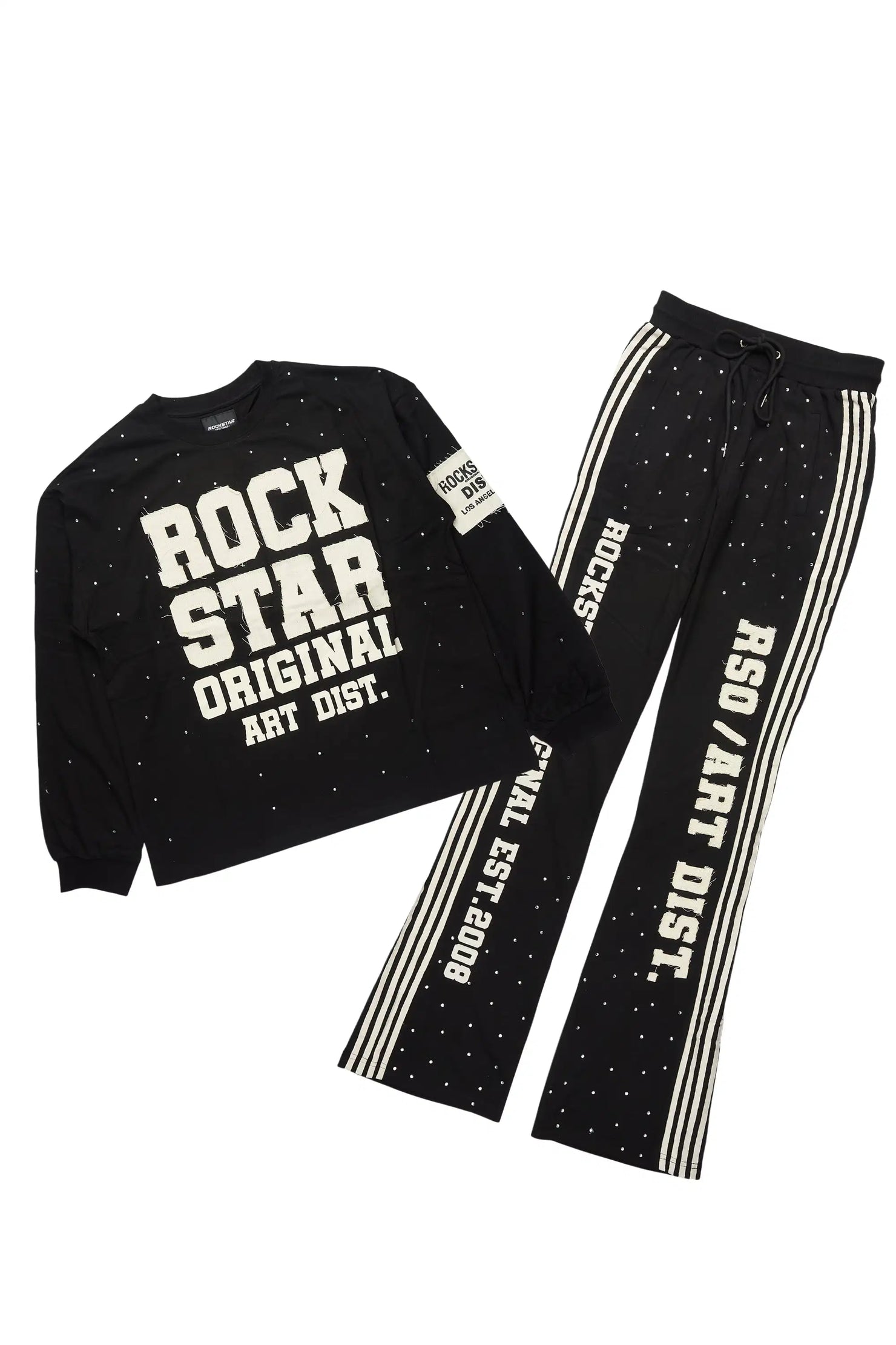 Yulian Black Rhinestone Long Sleeve T-Shirt/Baggy Stacked Track Set