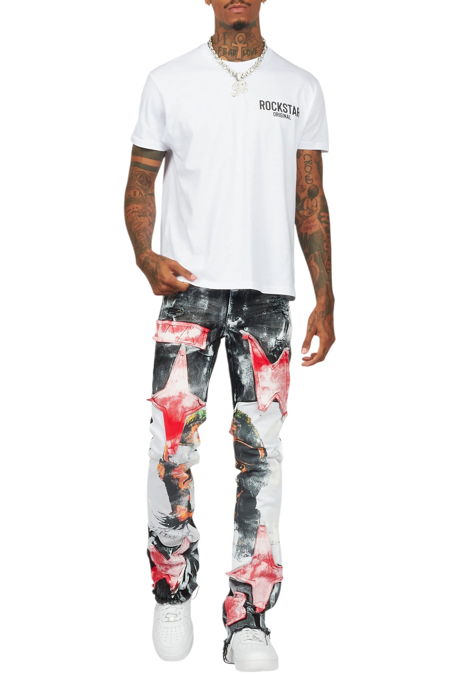 Savier Black/White Roller Paint Stacked Flare Jean