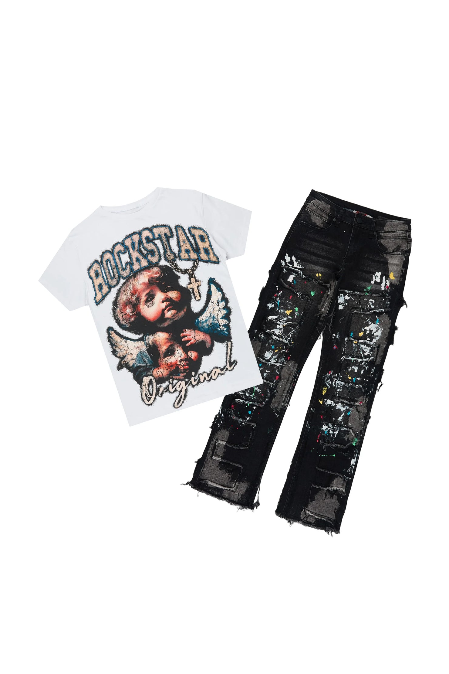 Boys Deilab White/Black T-Shirt/Stacked Painter Jean Set