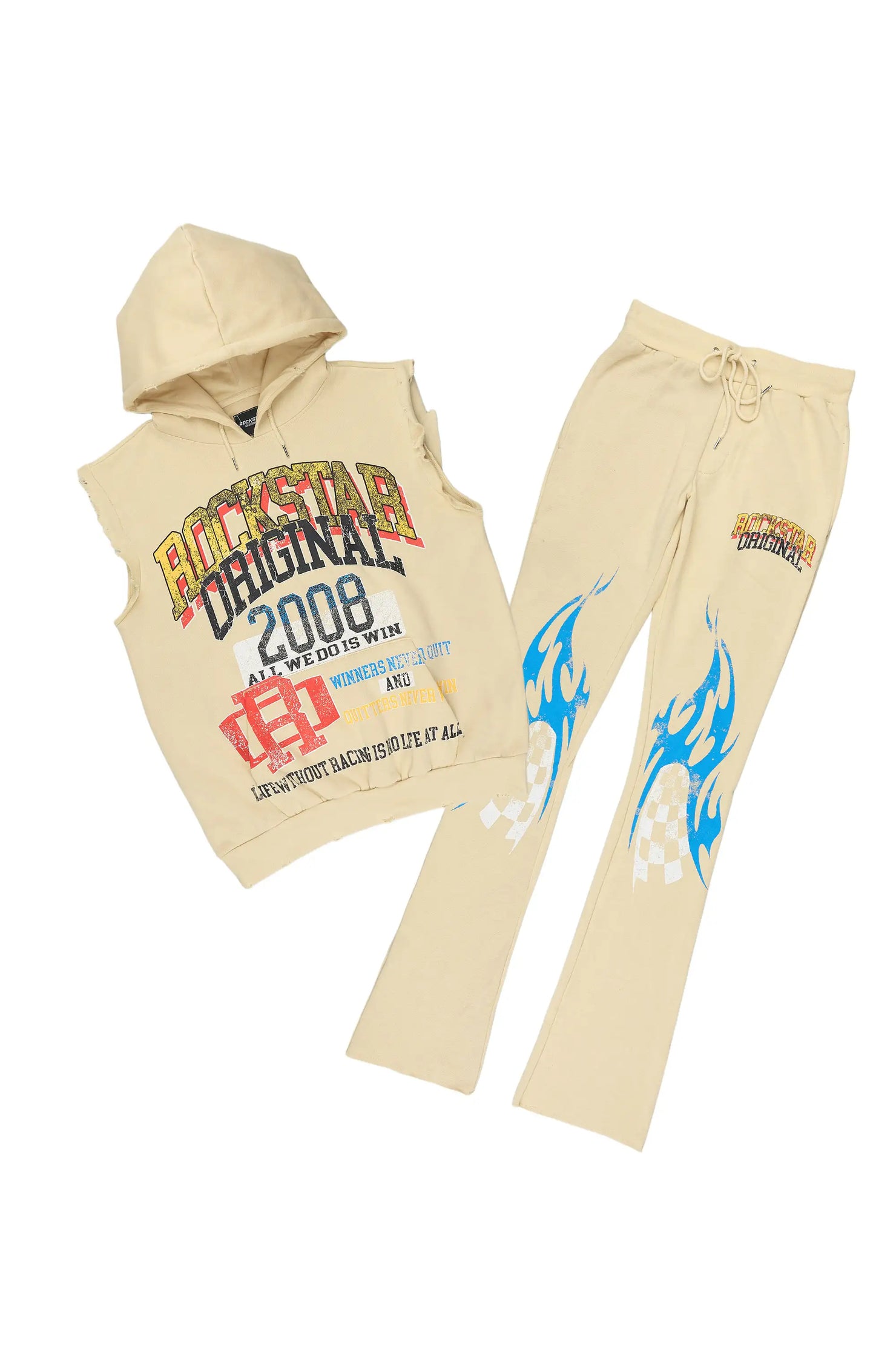 Colorful Race Beige Cut Sleeve Hoodie Stacked Track Set