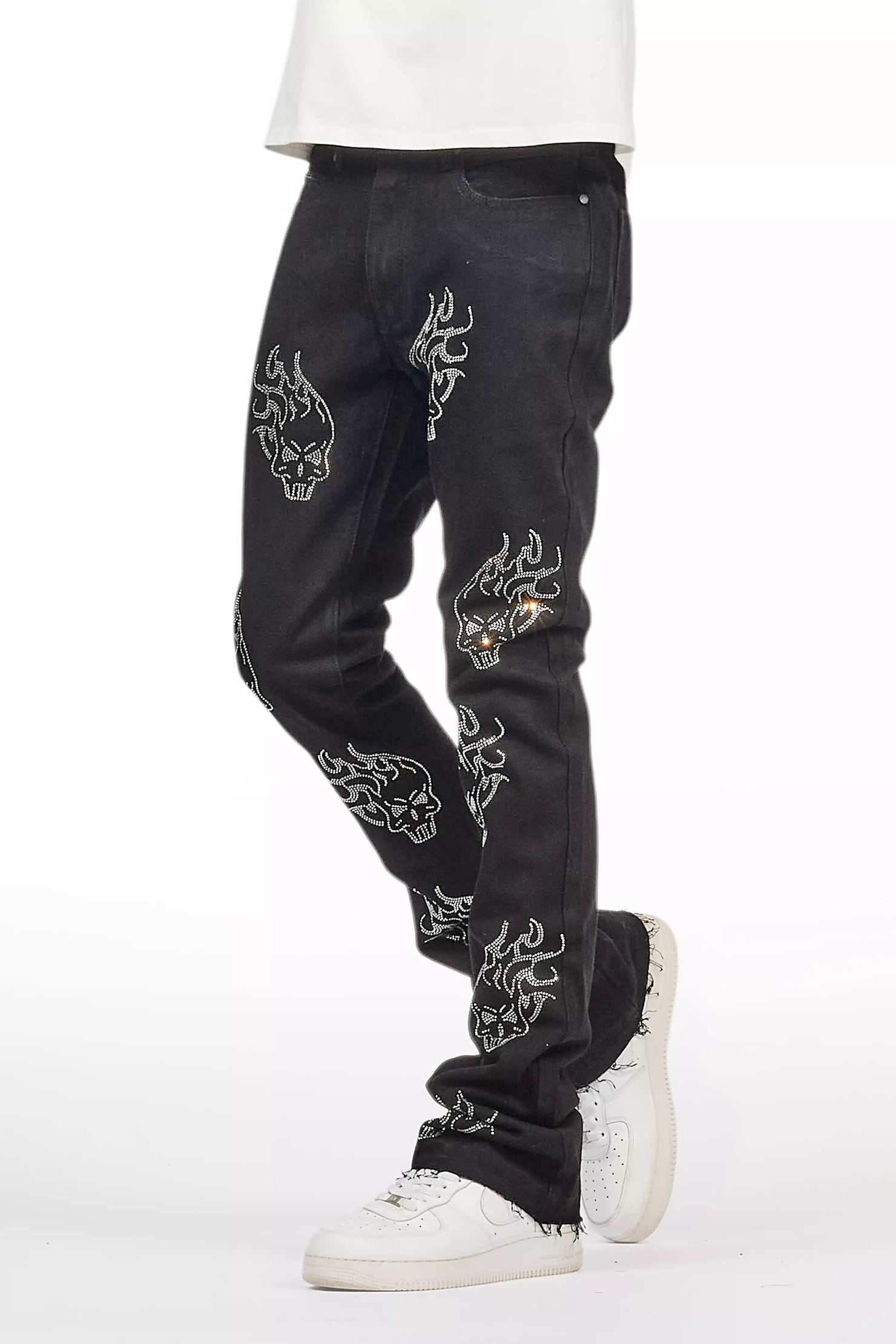 Yari Jet Black Rhinestone Stacked Flare Jean