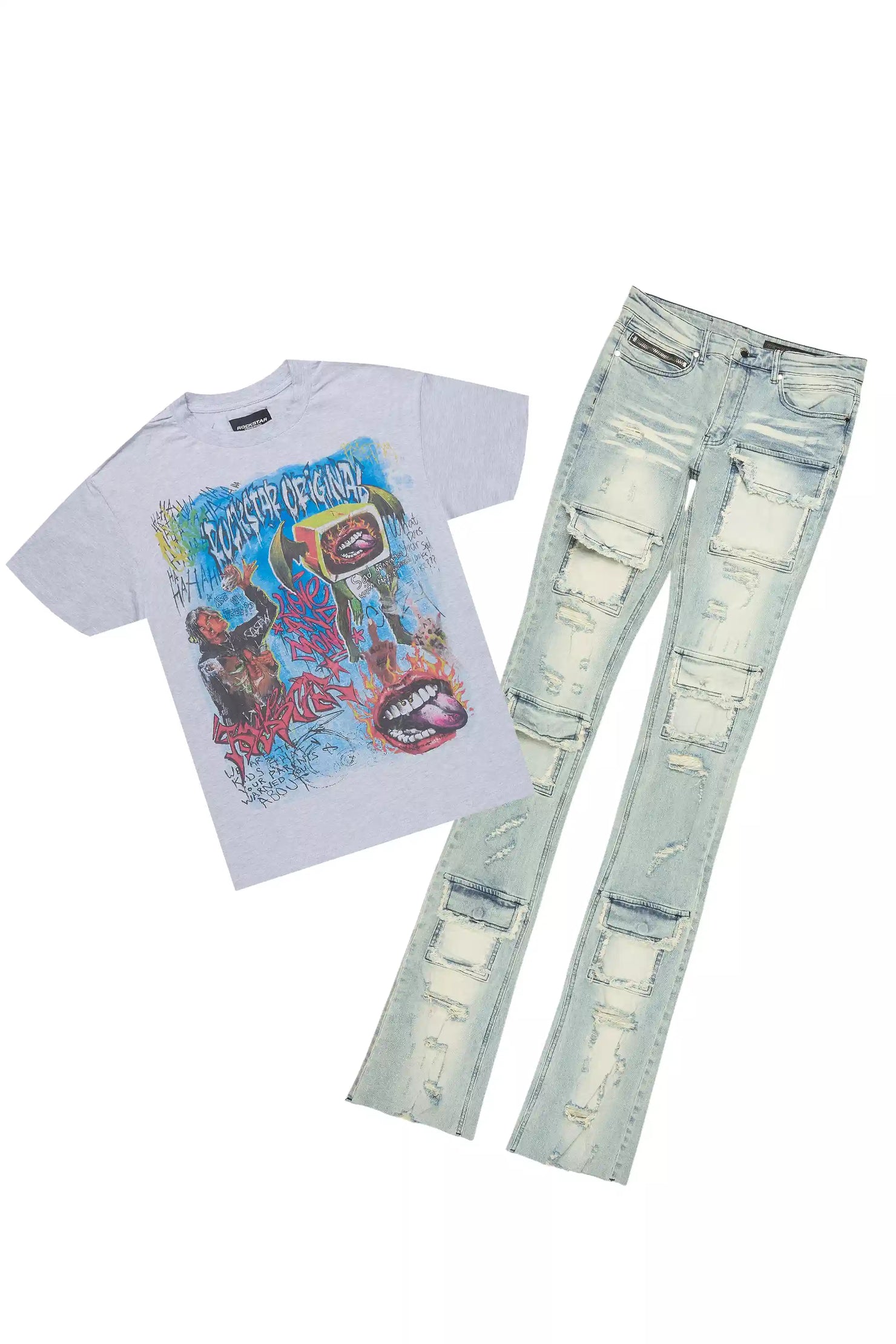 Yooz Heather Grey/Blue Oversized T-Shirt/Super Stacked Flare Jean Bundle