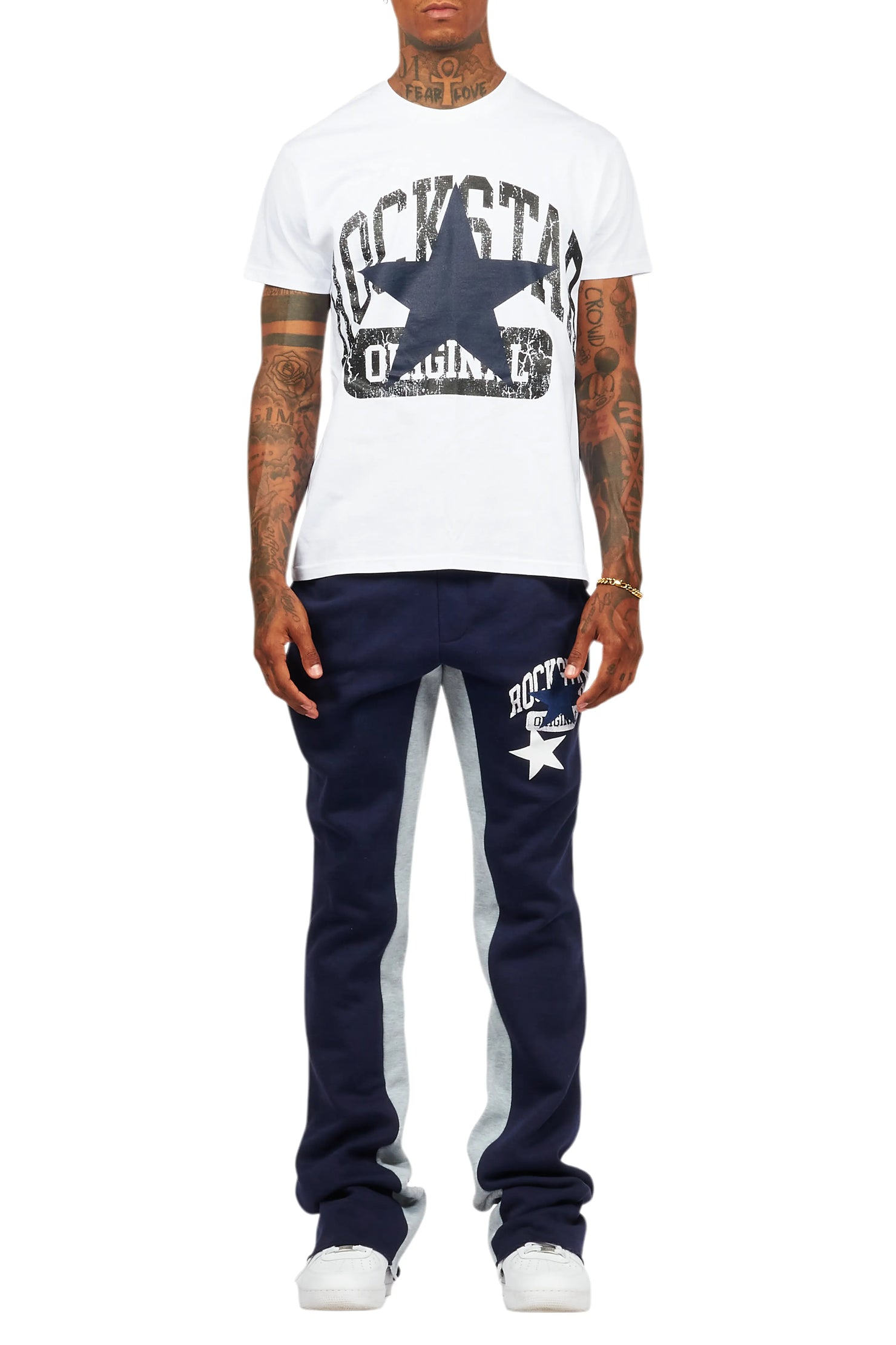 Mallor White/Navy T-Shirt/Stacked Baggy Track Pant Set