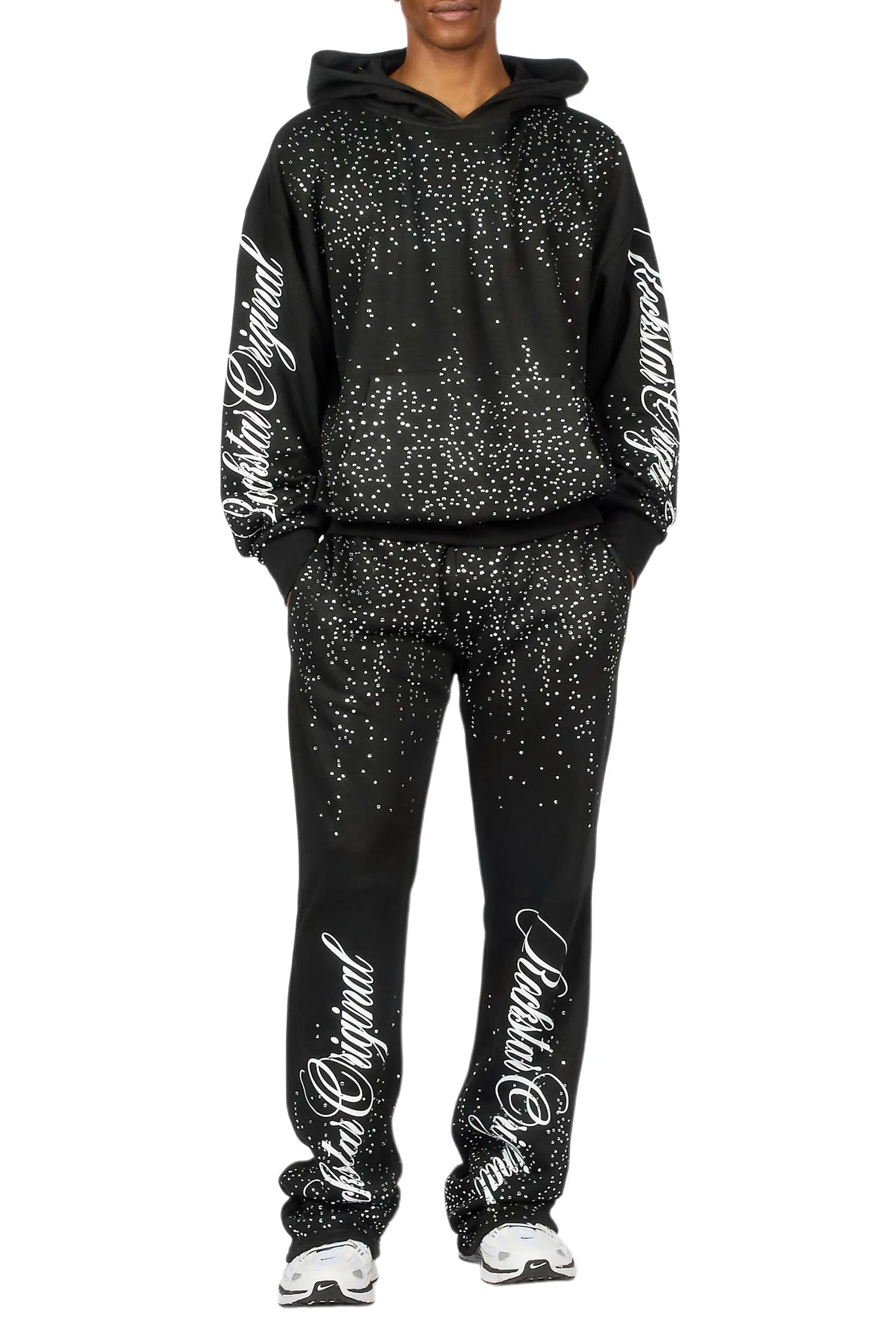 Strayce Black/White Rhinestone Hoodie Relaxed Track Set