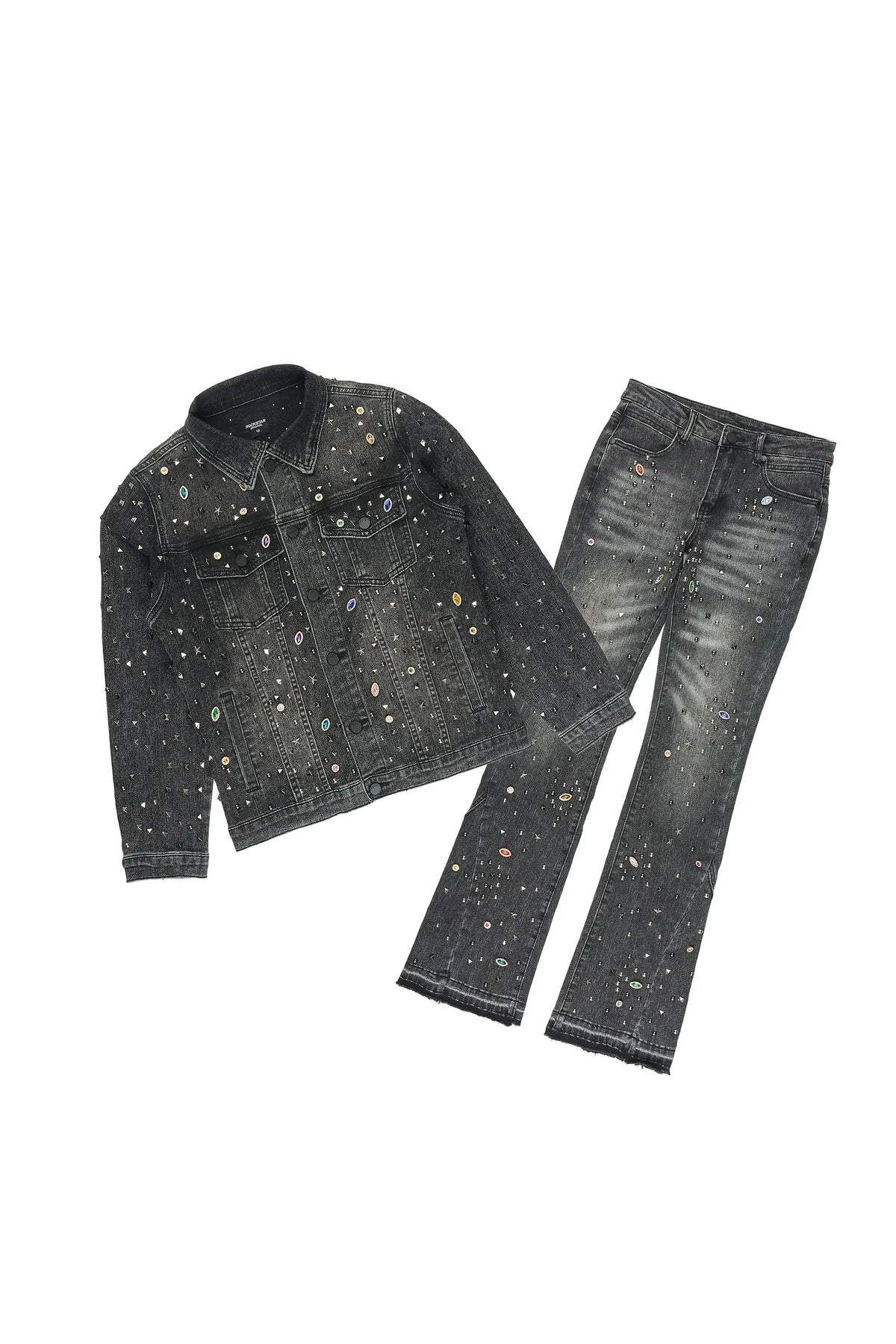 Boys Hendrix Black Rhinestone Denim Jacket/Stacked Flare Jean Set