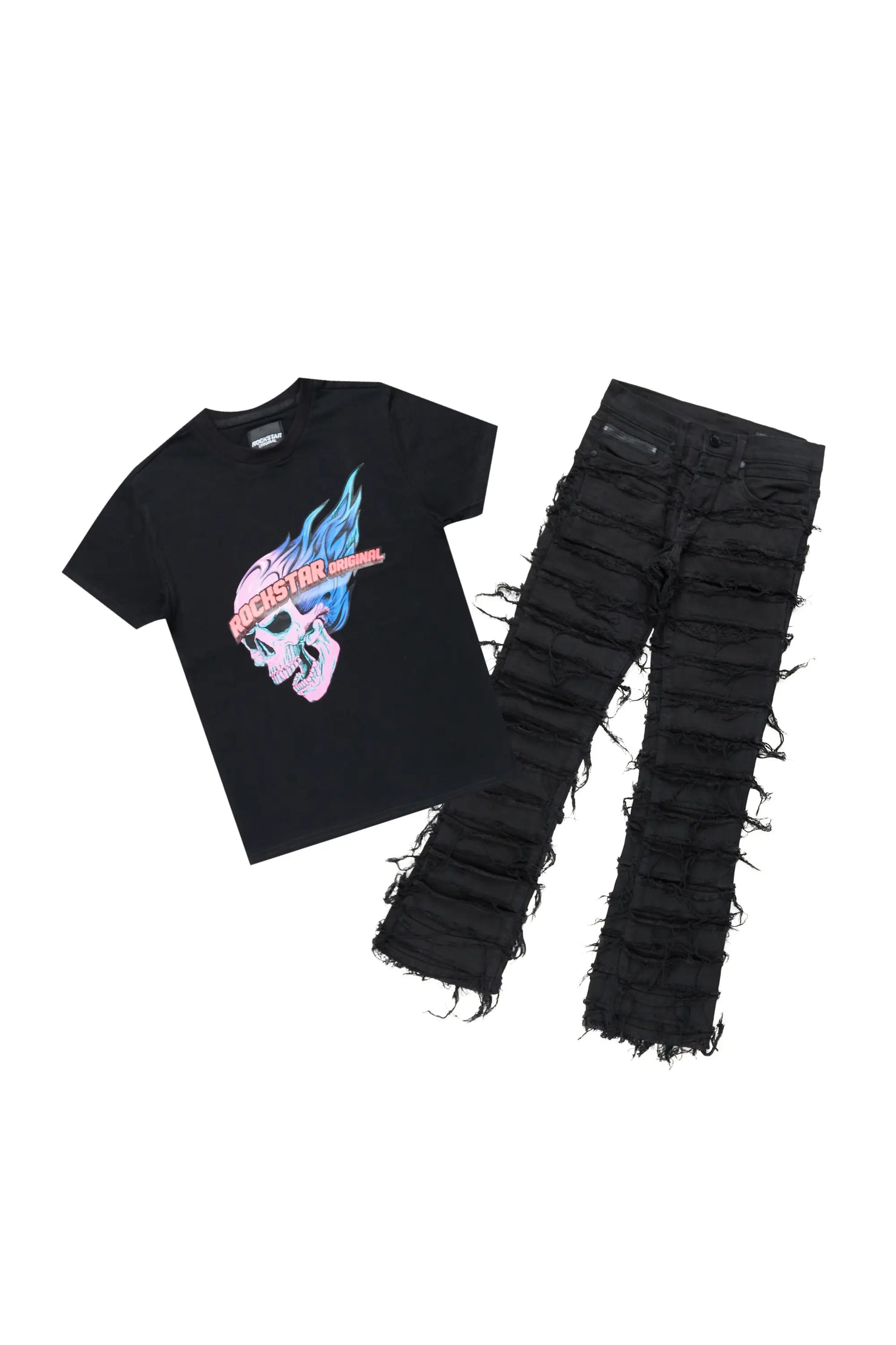 Girls Ava Black T-Shirt/Stacked Flare Jean Set