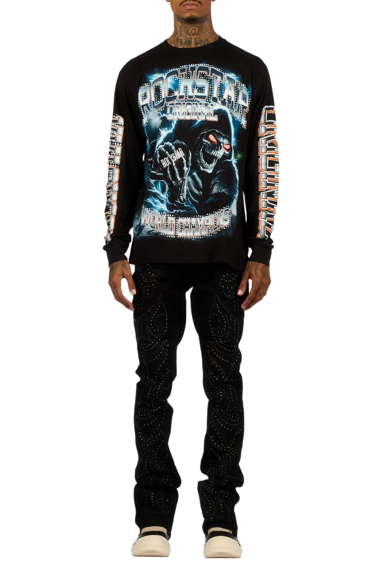 Westy Studded Jet Black Stacked Flare Jean