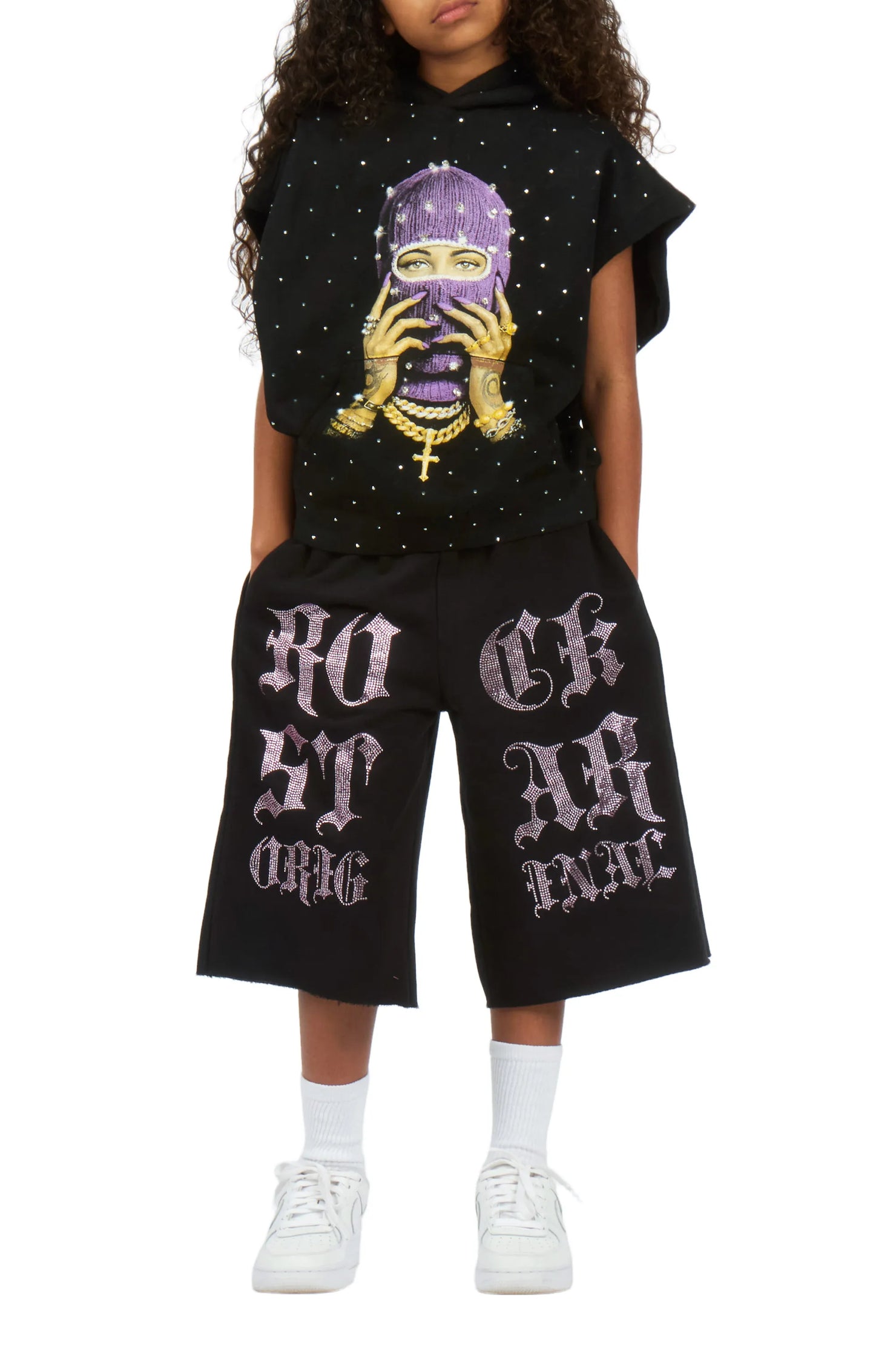 Girls Teiara Black Rhinestone Track Short
