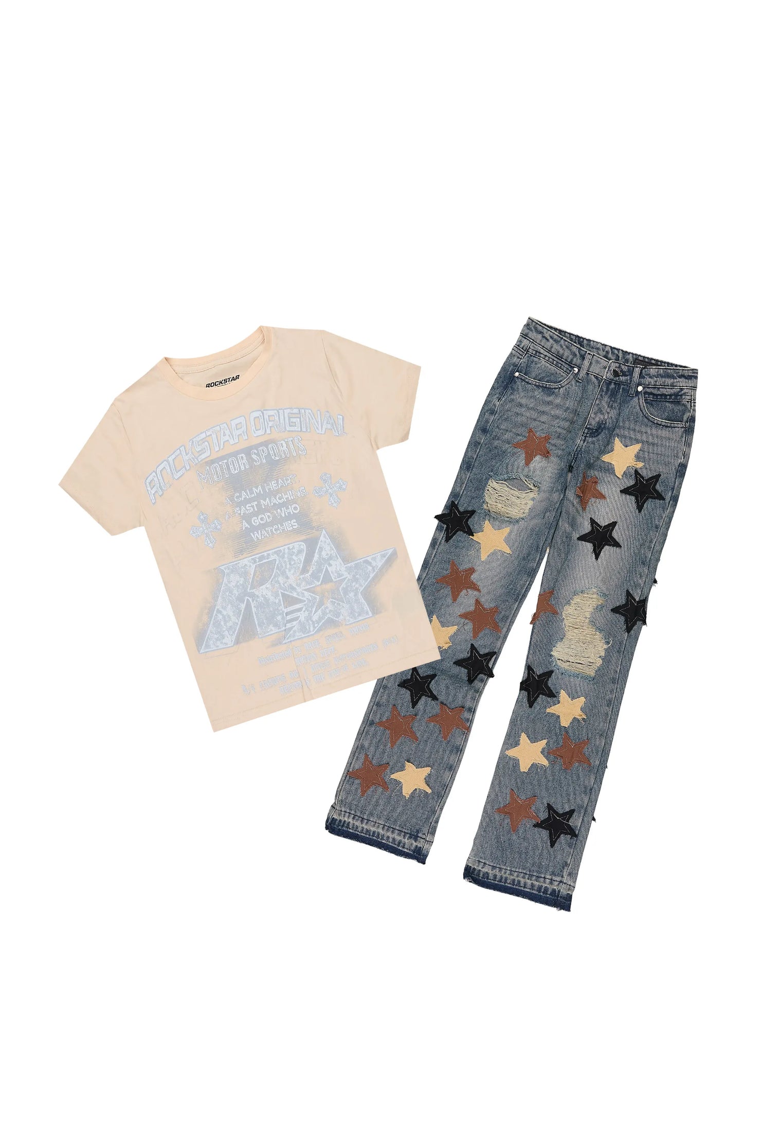 Boys Byson Beige/Tint T-Shirt Patchwork Jean Set