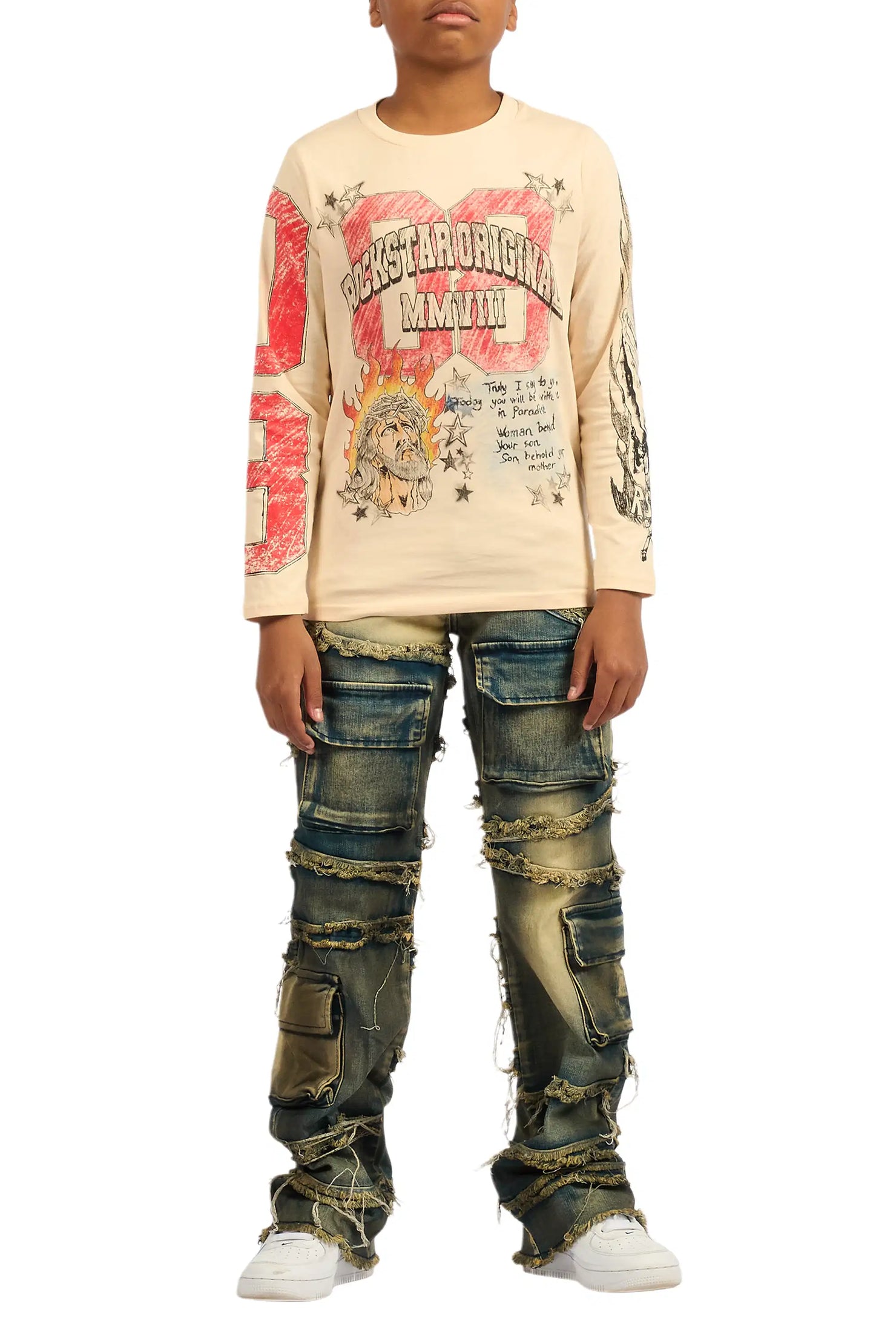 Boys Yves Blue Stacked Flare Cargo Jean