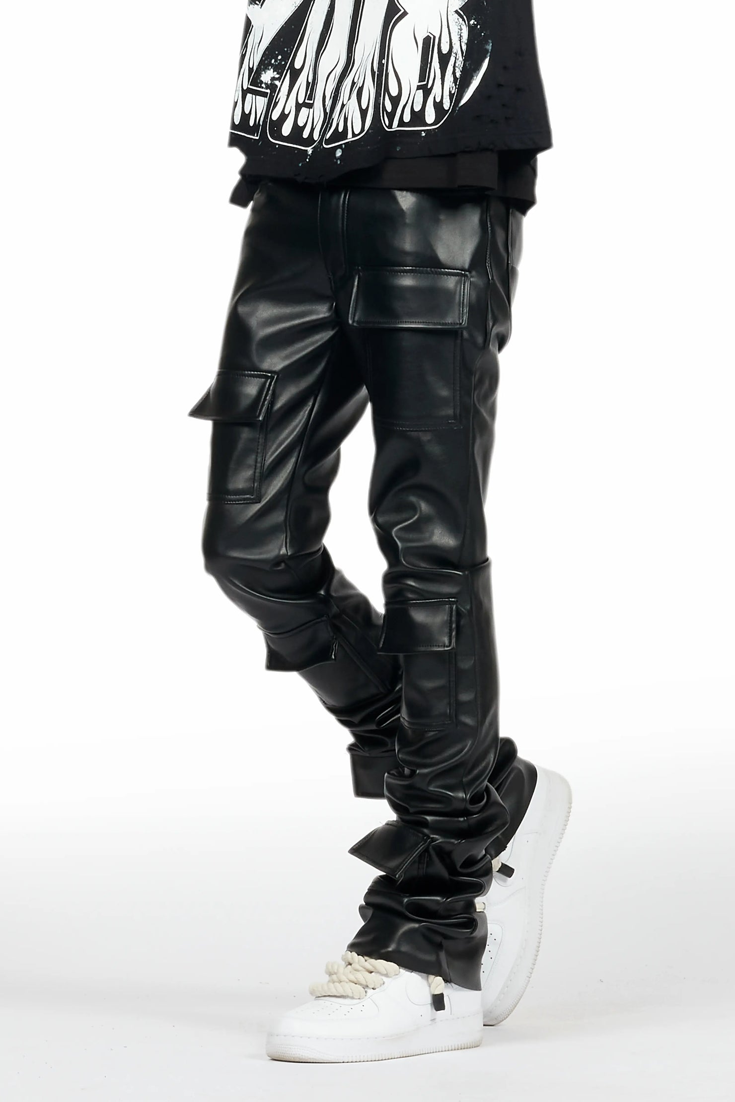 Petrus Black PU Stacked Flare Leather Jean