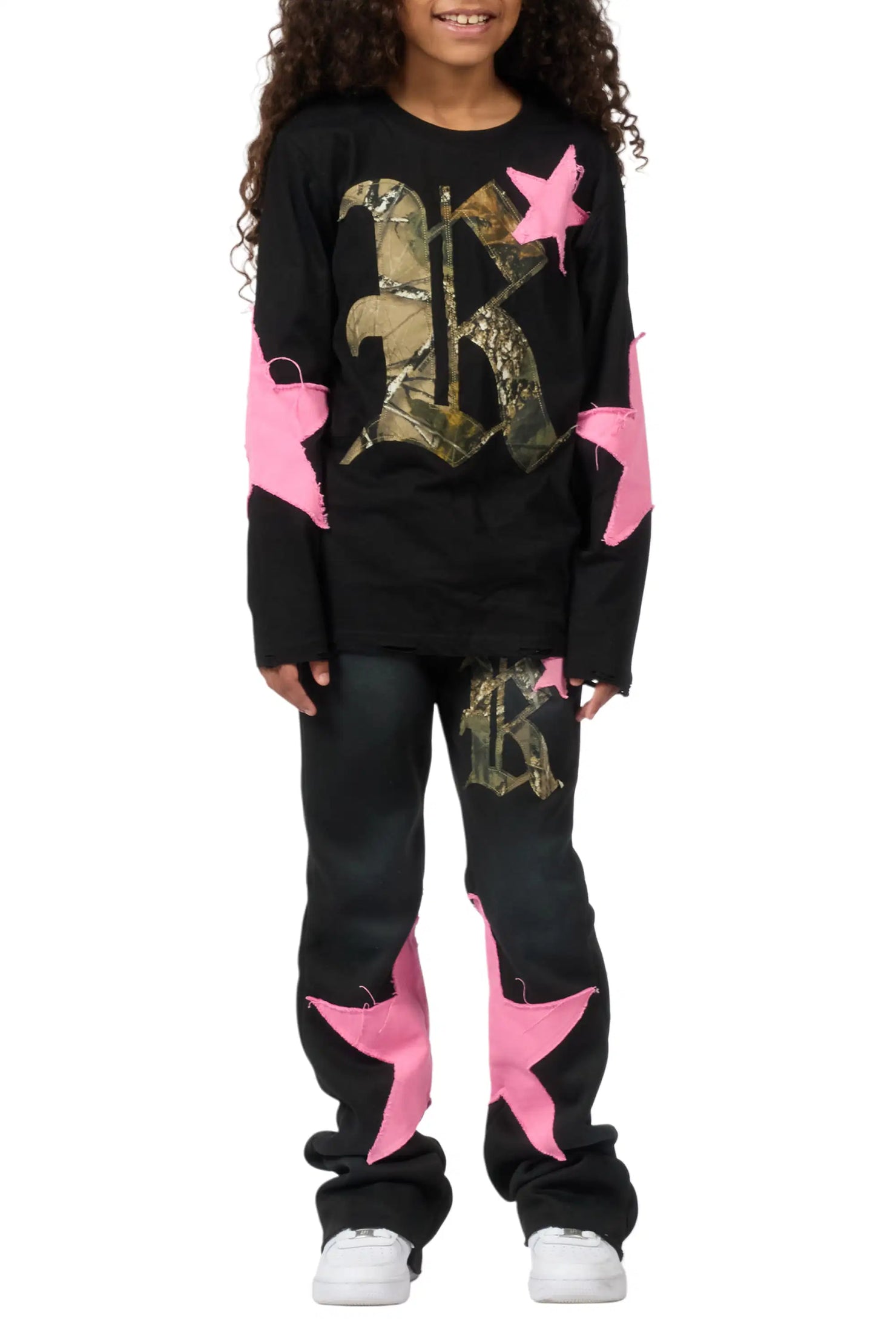 Girls Delgera Black/Pink Long Sleeve T-Shirt Track Set