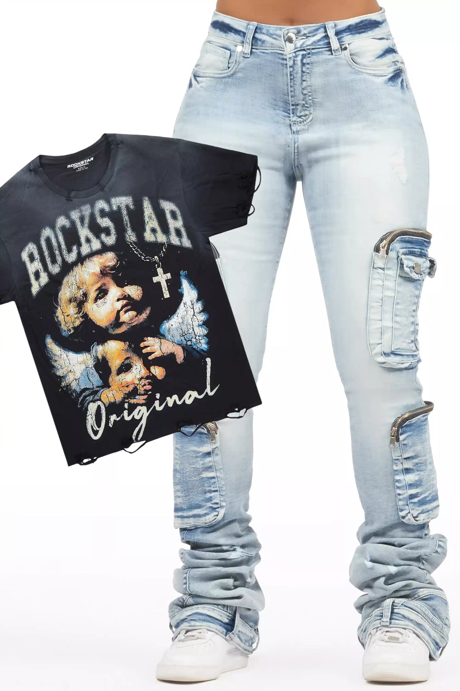 Jovala Black Tee & Alisson Light Wash Jean Set