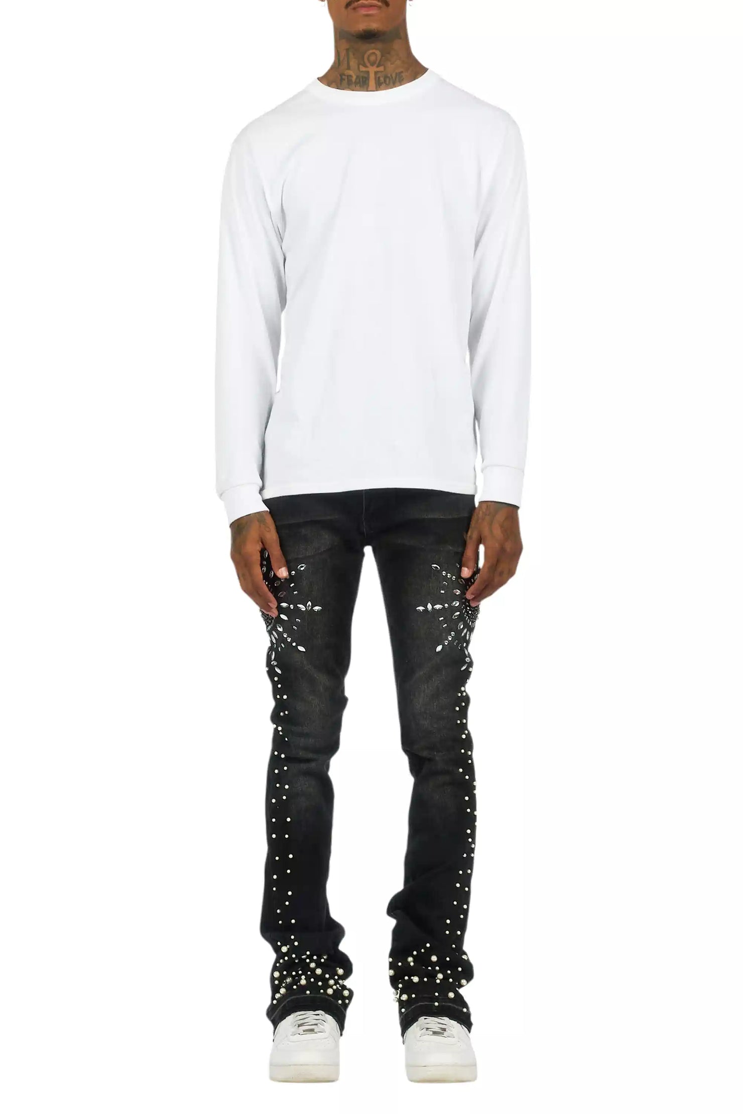 Tryst Dark Grey Rhinestone Stacked Flare Jean