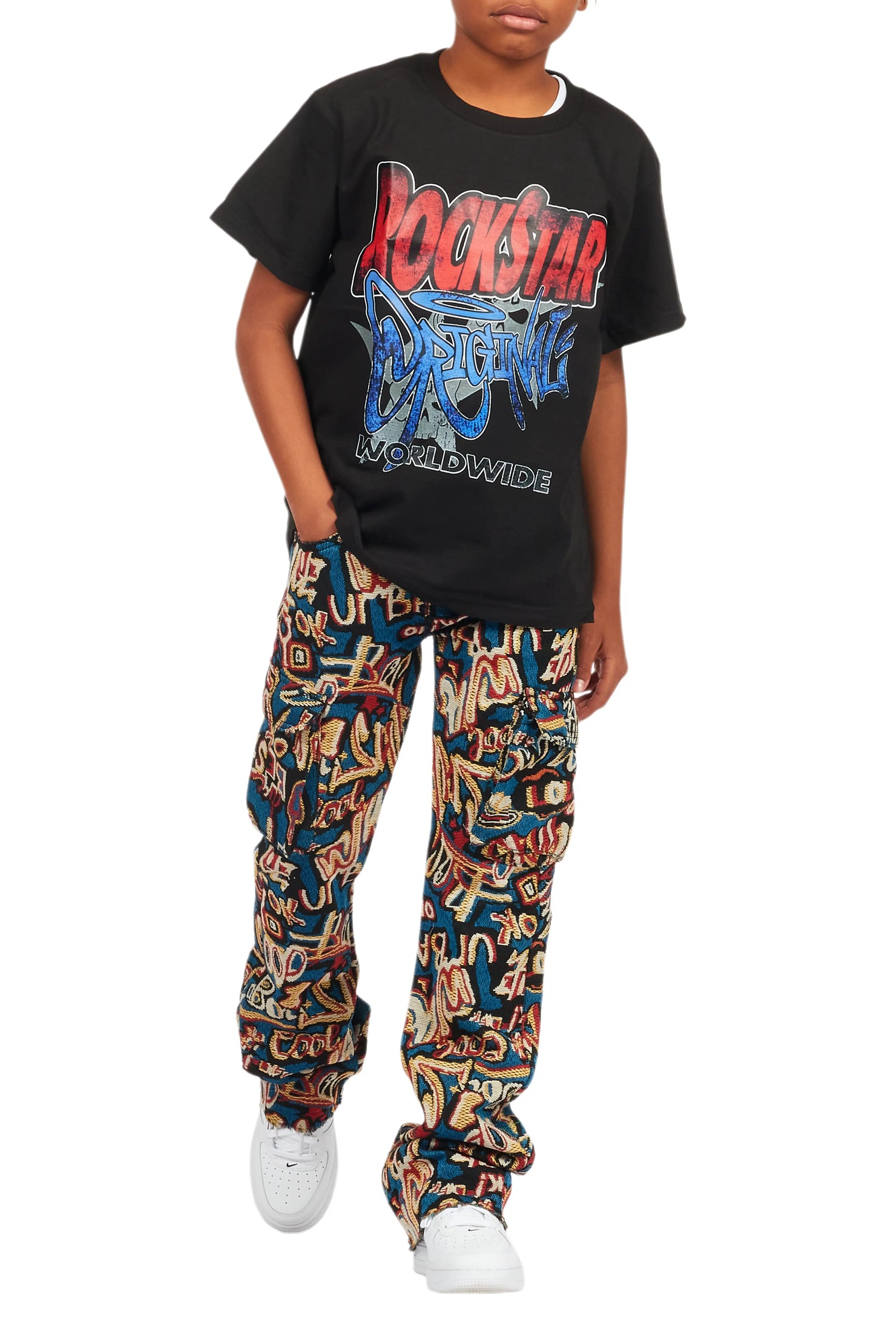 Boys Tyrell Blue Multi Tapestry Stacked Flare Jean