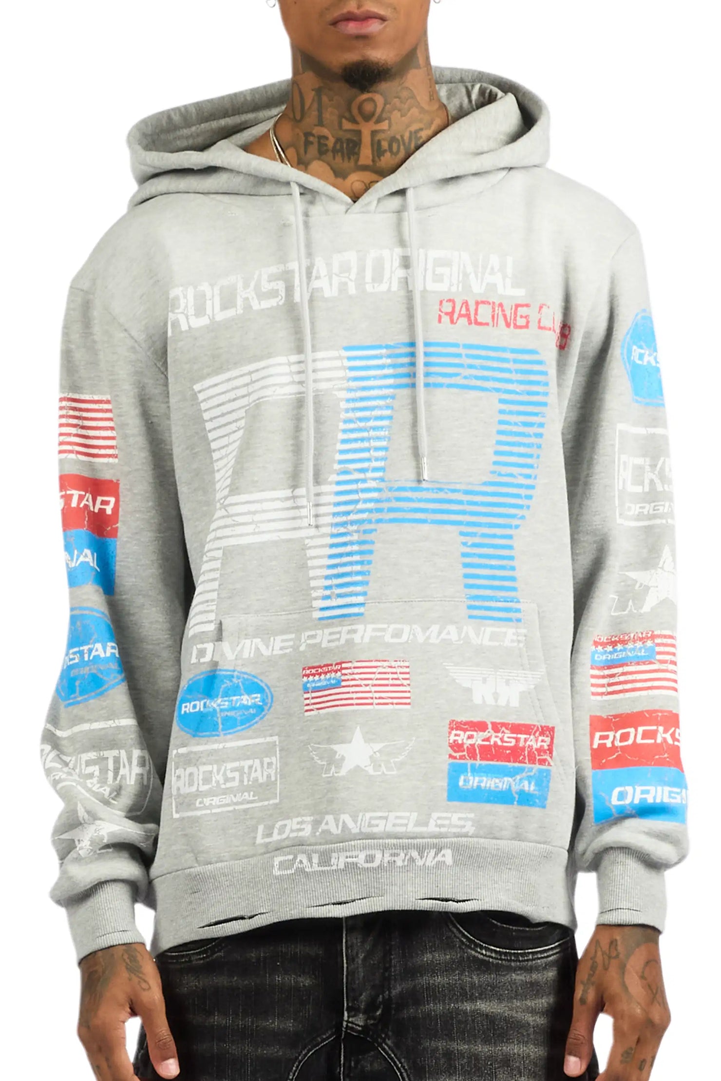 Rso Racing Club Heather Grey Distressed Graphic Relaxed Hoodie