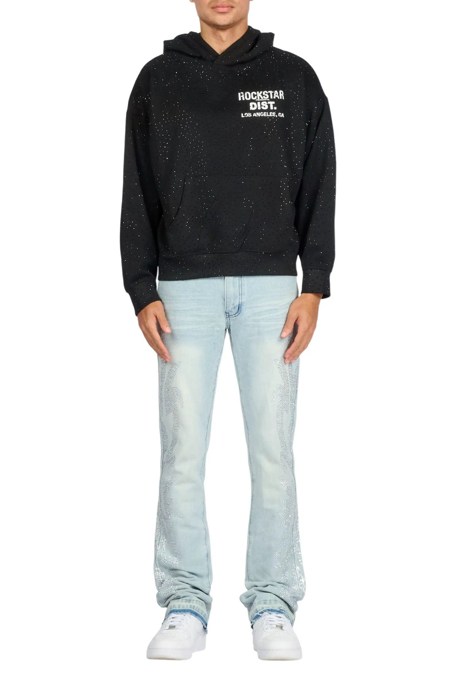 Shamaz Rhinestone Light Blue Stacked Flare Jean