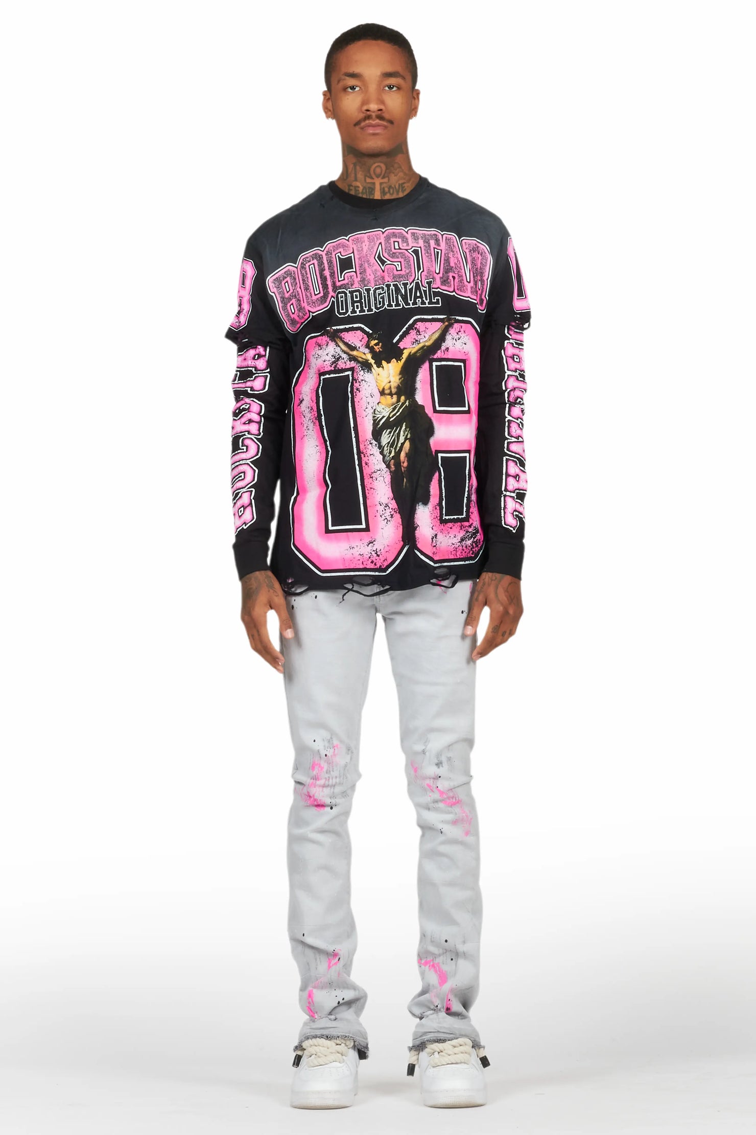 Fields Black Double Layer T-Shirt/Stacked Flare Jean Set