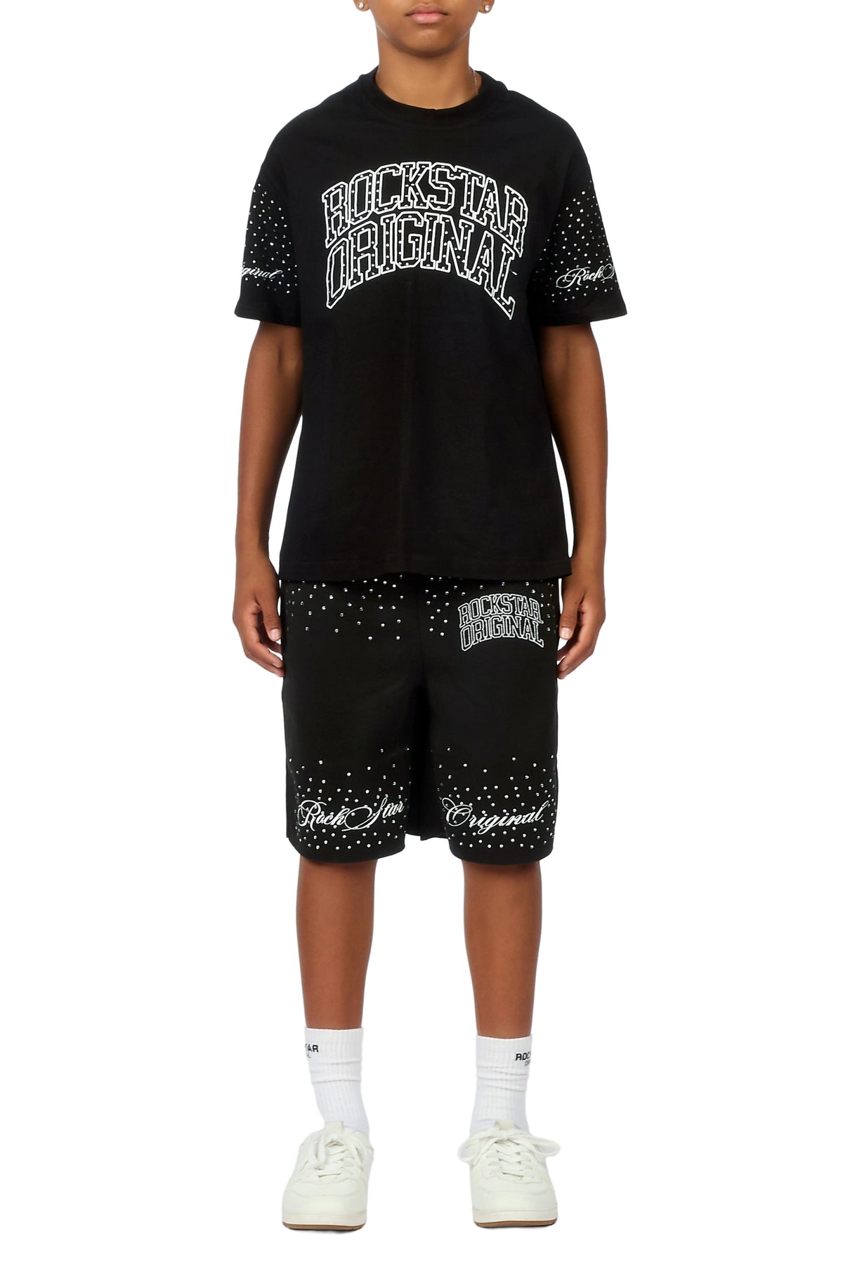 Boys Dripped Black Rhinestone Oversized T-Shirt/Short Set