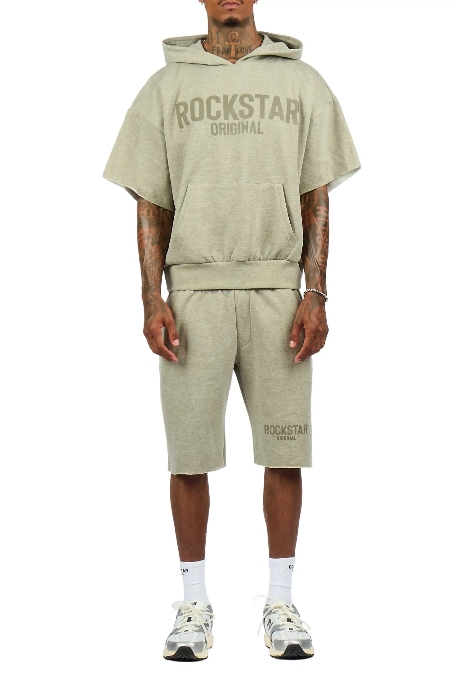 Sana Dark Oatmeal Cut Sleeve Hoodie Short Set